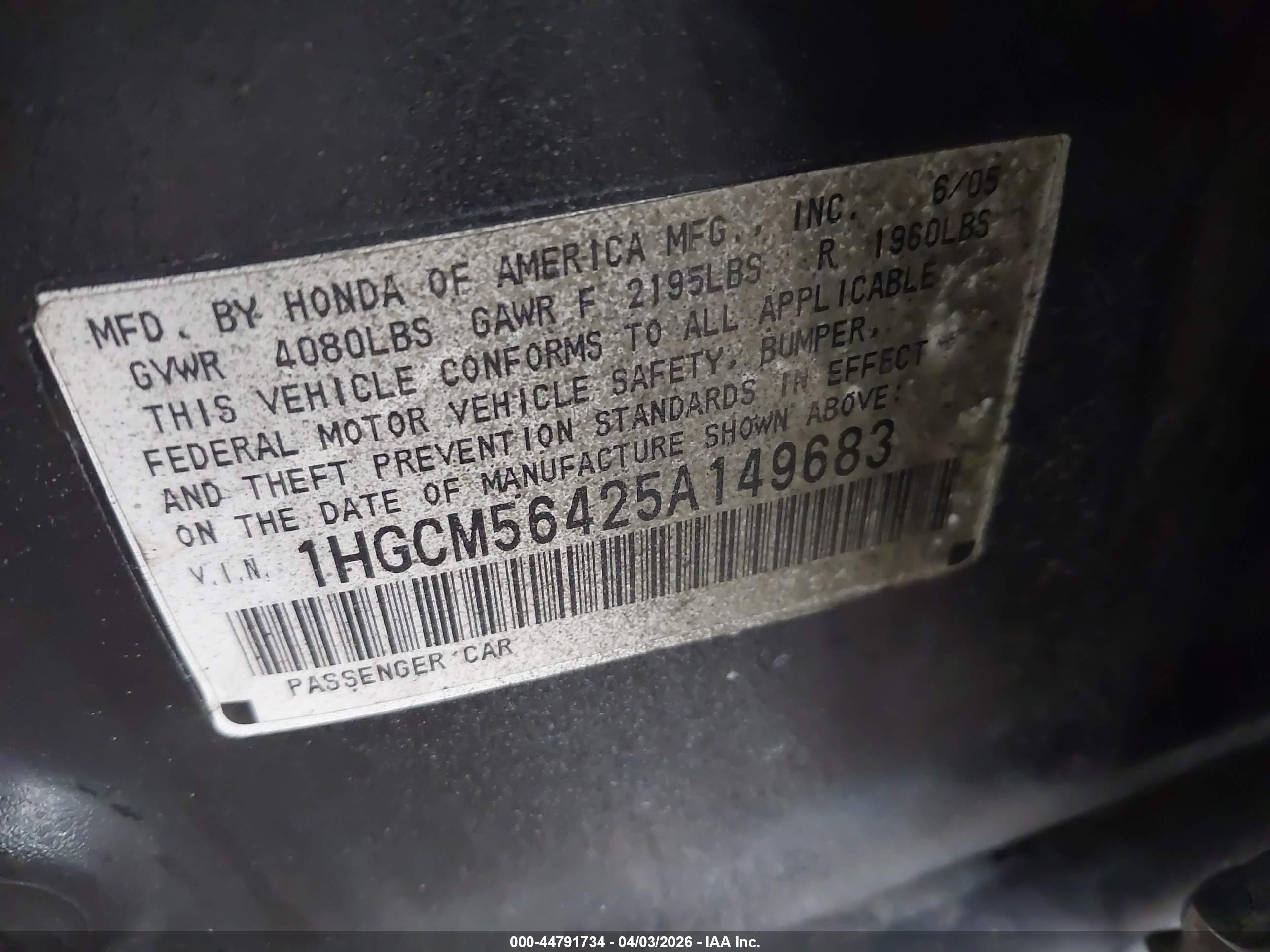 2005 Honda Accord 2.4 Lx Black vin: 1HGCM56425A149683