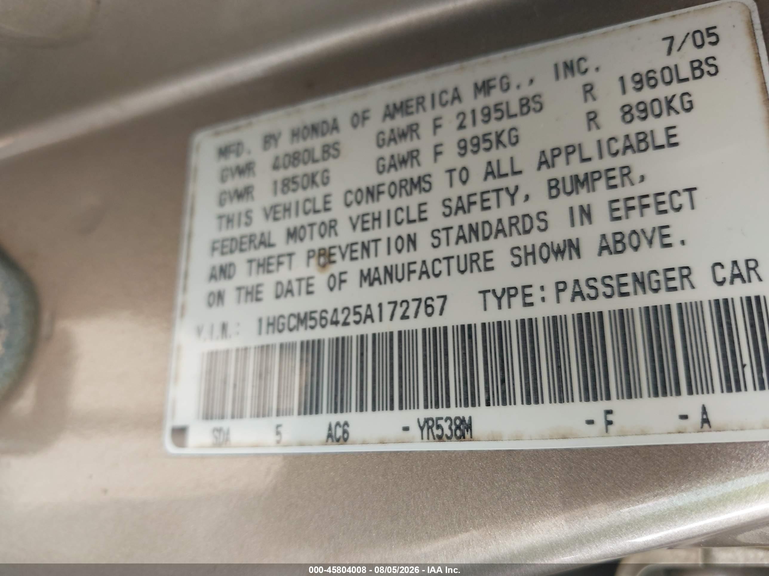 2005 Honda Accord 2.4 Lx Gold vin: 1HGCM56425A172767