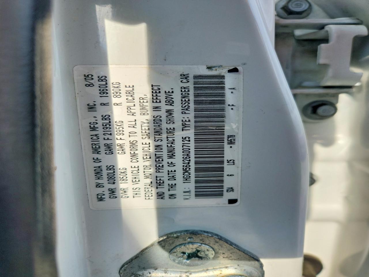 2006 Honda Accord Lx White vin: 1HGCM56426A007125