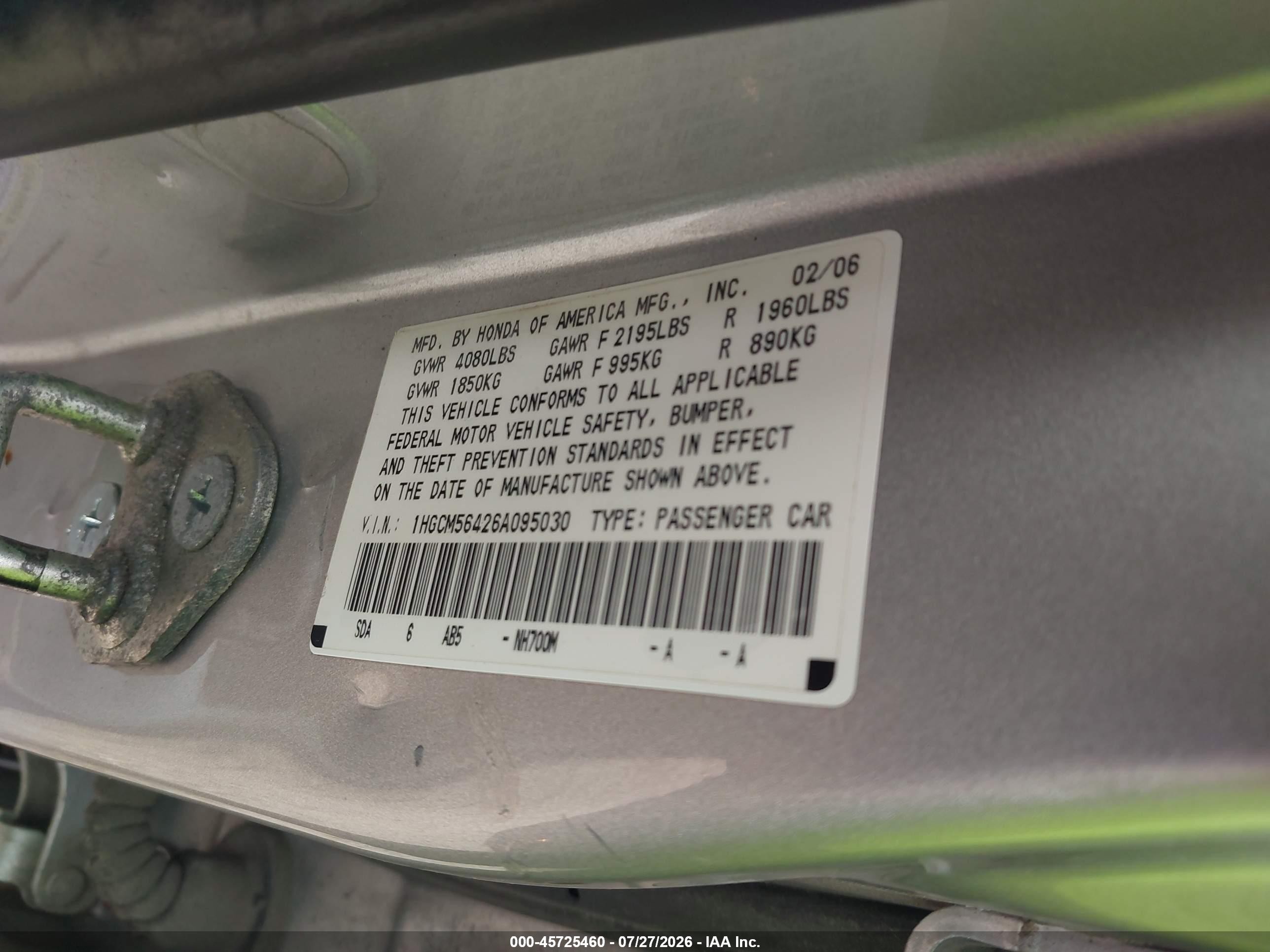 2006 Honda Accord 2.4 Lx Серебряный vin: 1HGCM56426A095030