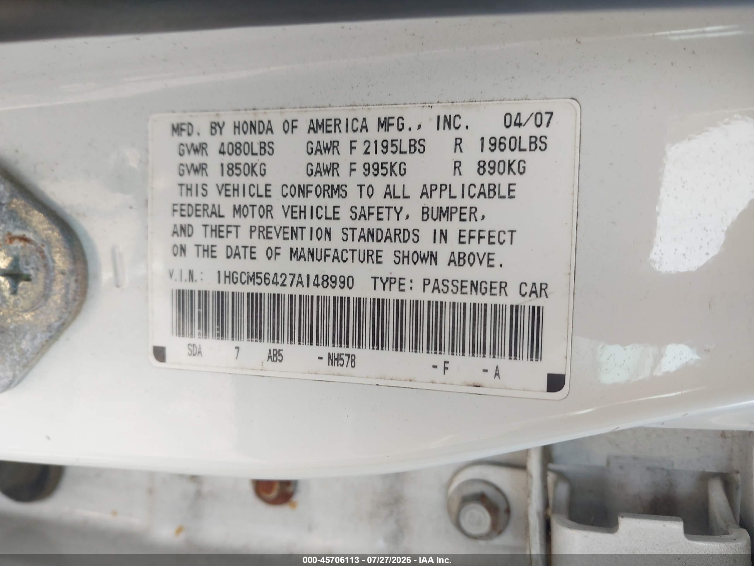 2007 Honda Accord 2.4 Lx White vin: 1HGCM56427A148990