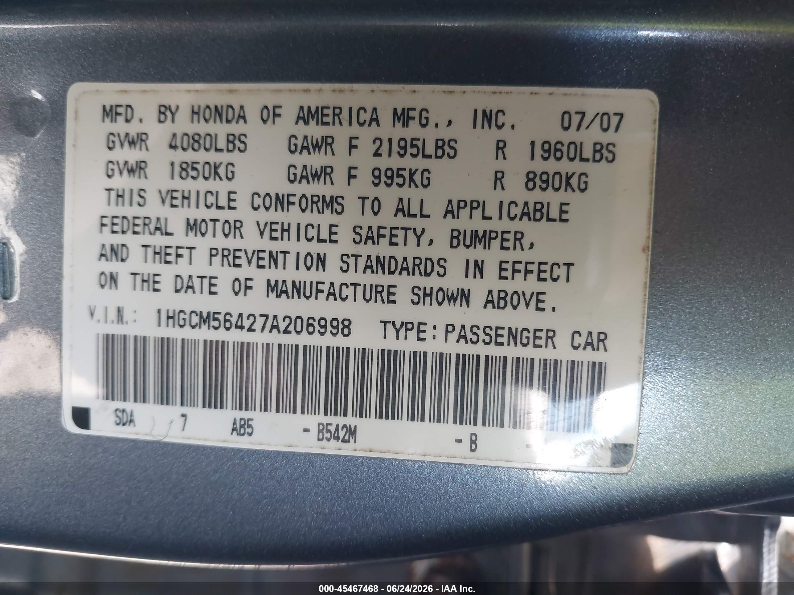 2007 Honda Accord 2.4 Lx Light Blue vin: 1HGCM56427A206998