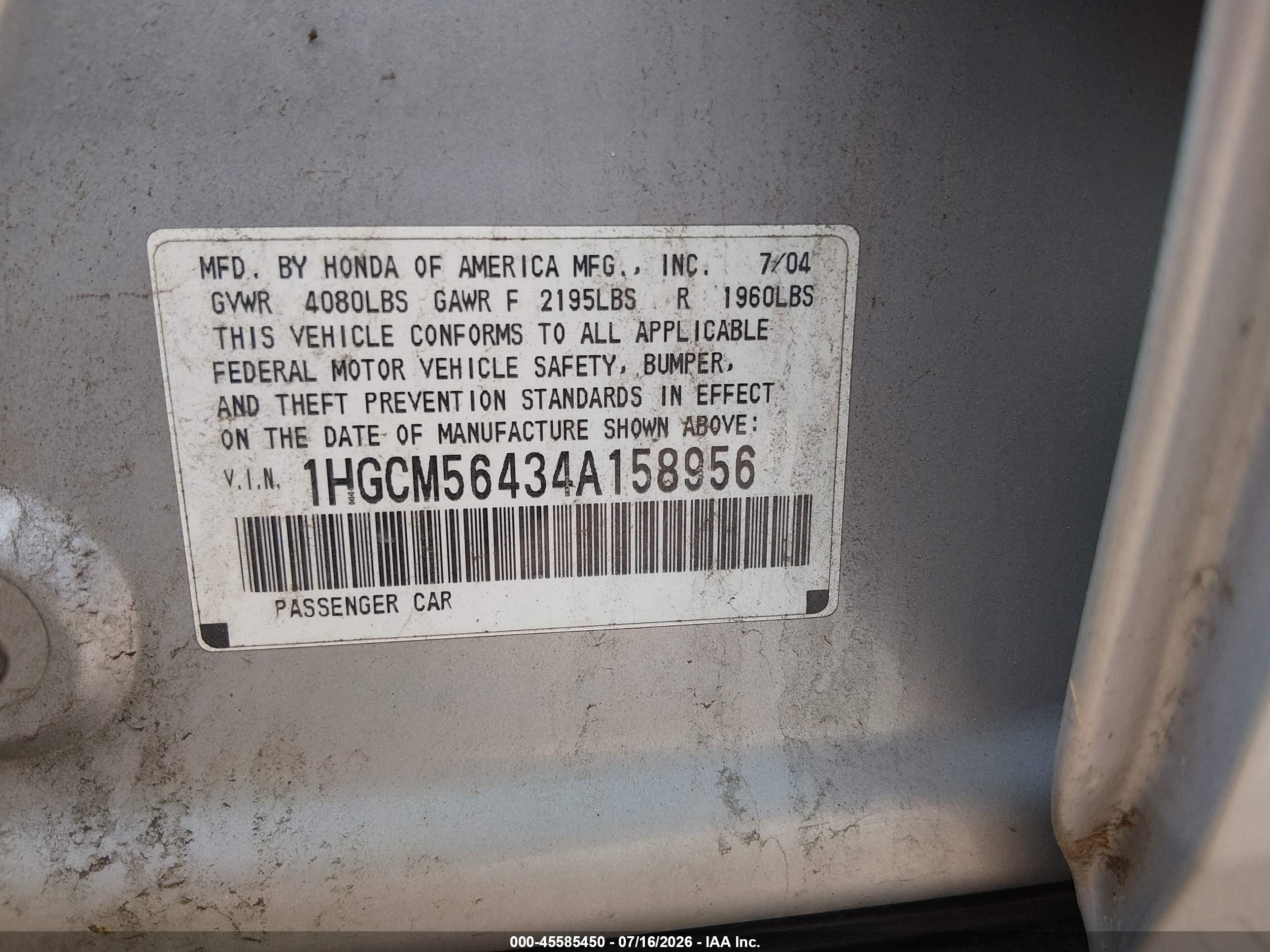 2004 Honda Accord 2.4 Lx Silver vin: 1HGCM56434A158956