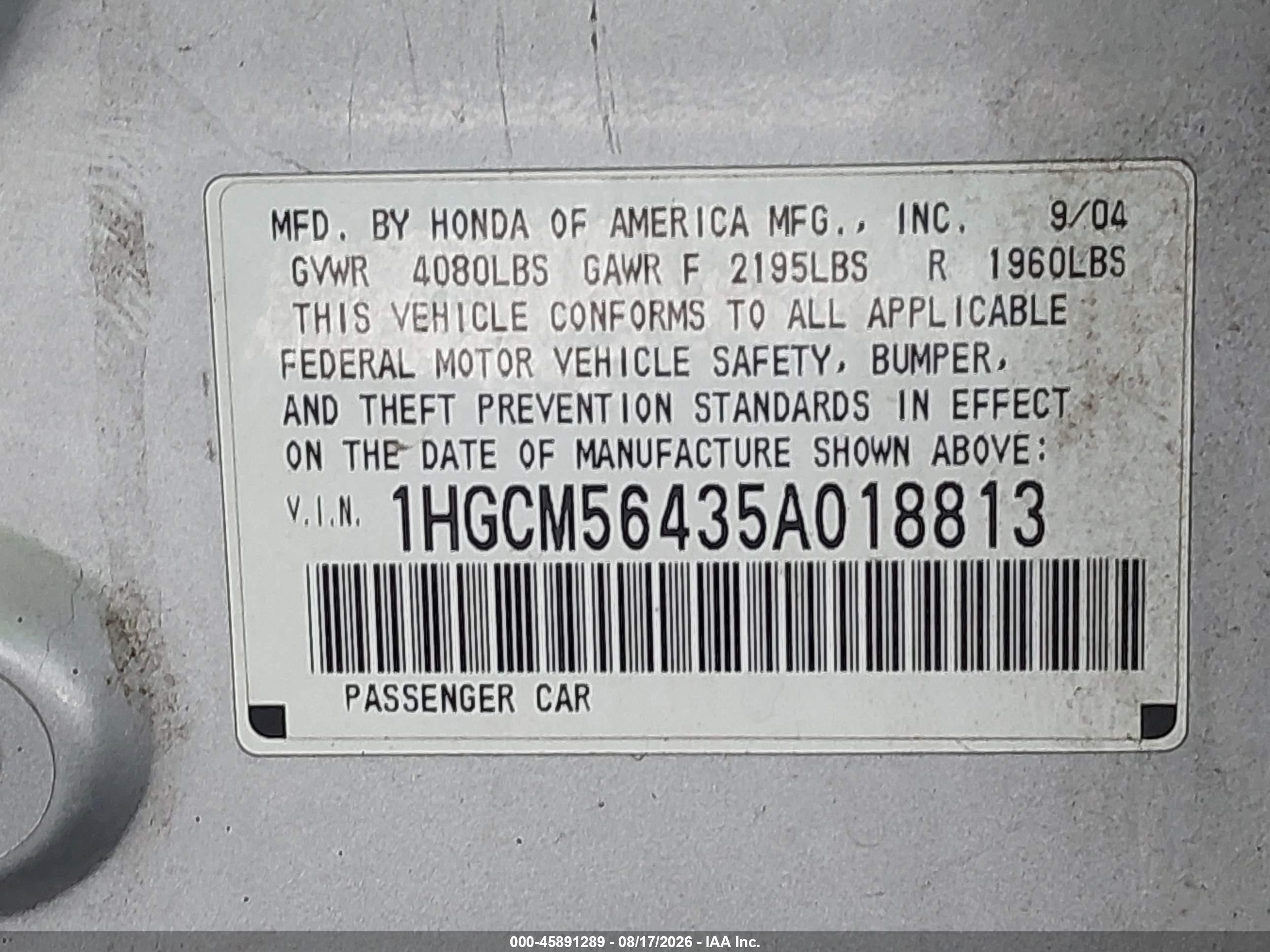 2005 Honda Accord 2.4 Lx Серебряный vin: 1HGCM56435A018813