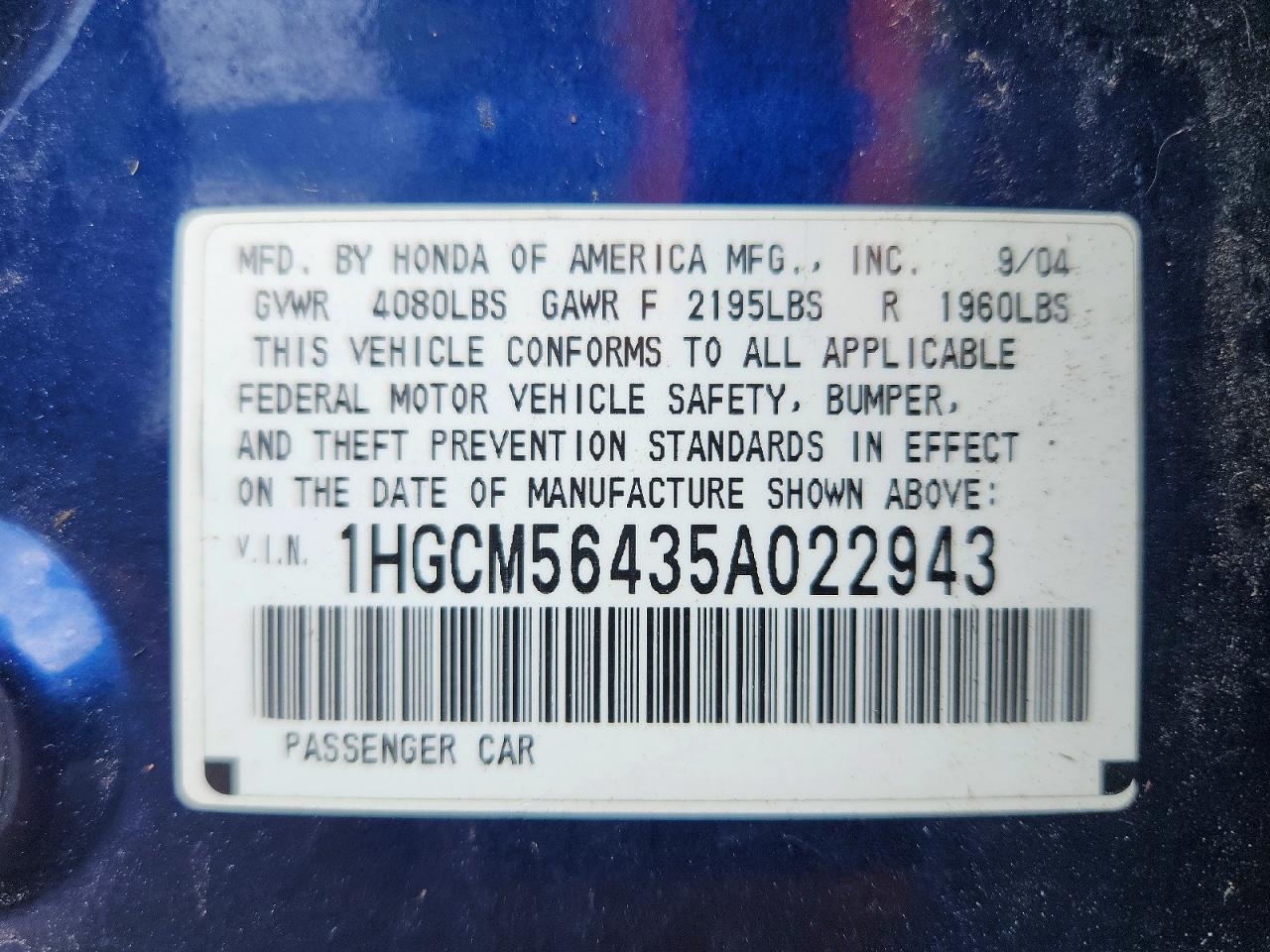 2005 Honda Accord Lx Blue vin: 1HGCM56435A022943