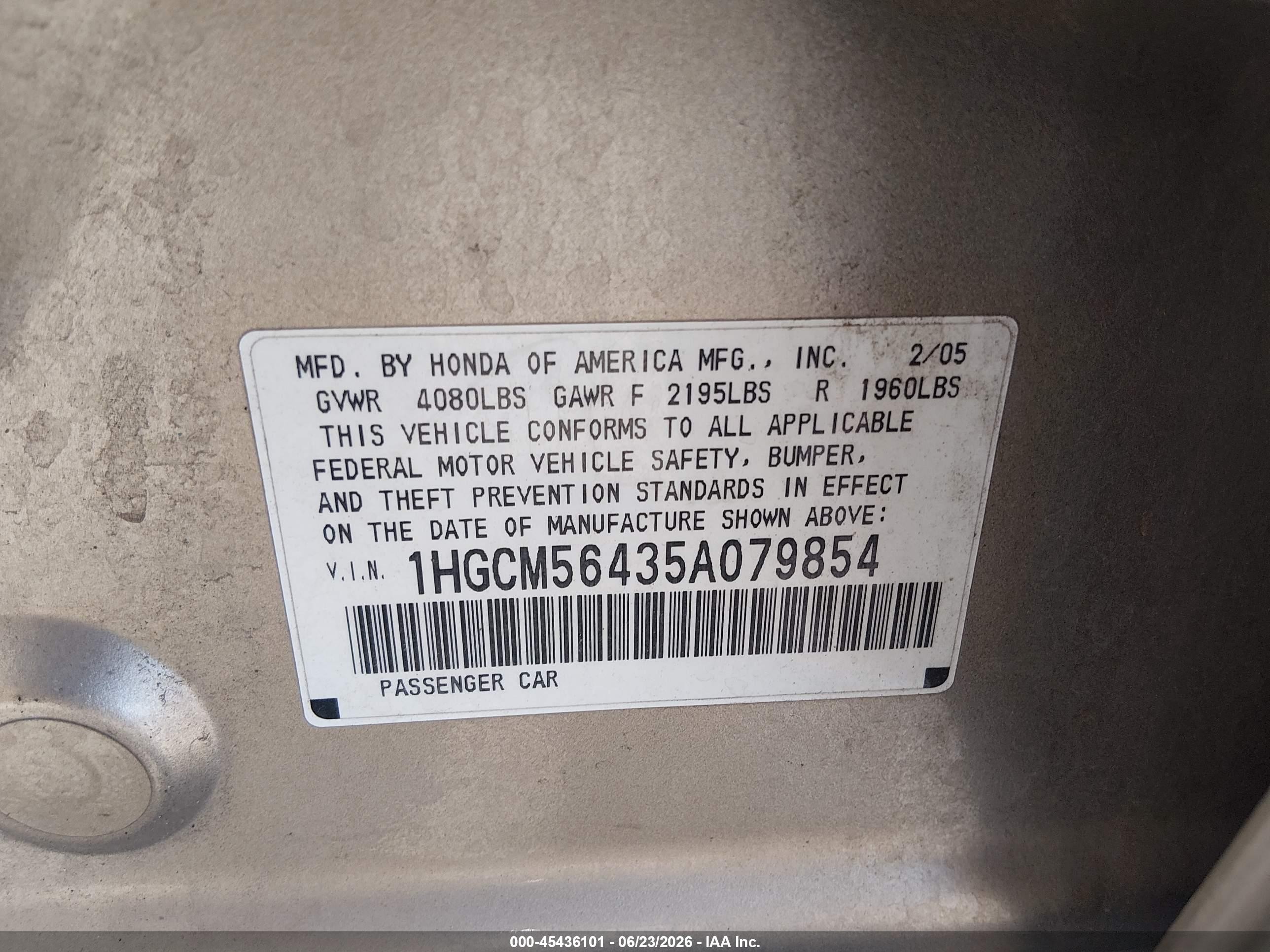 2005 Honda Accord 2.4 Lx Tan vin: 1HGCM56435A079854