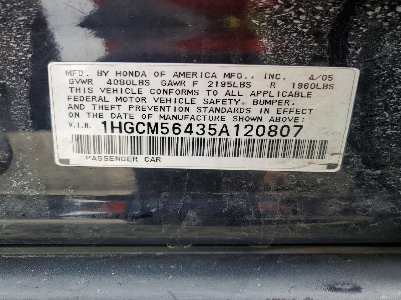 2005 Honda Accord Black vin: 1HGCM56435A120807