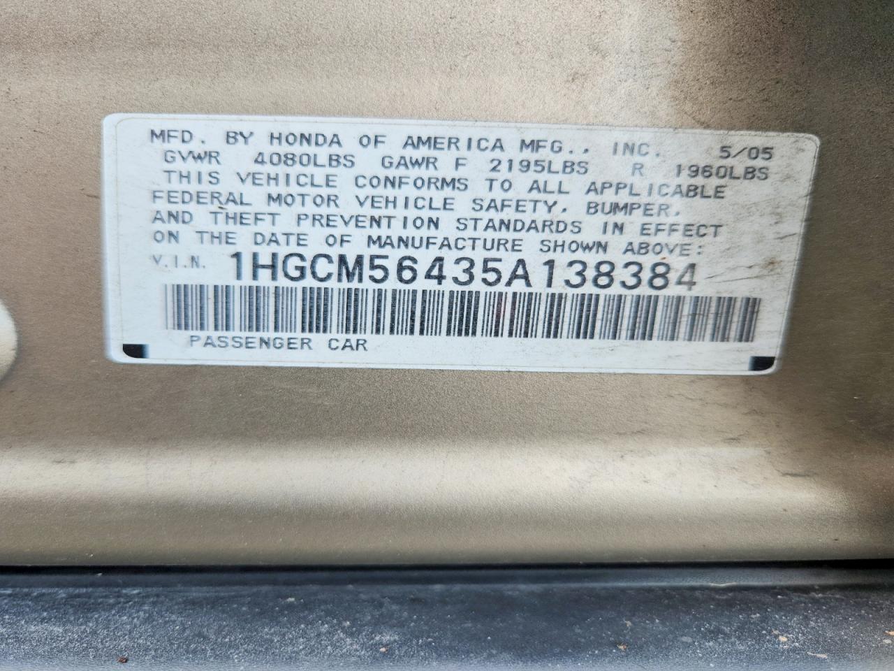2005 Honda Accord Lx Gold vin: 1HGCM56435A138384