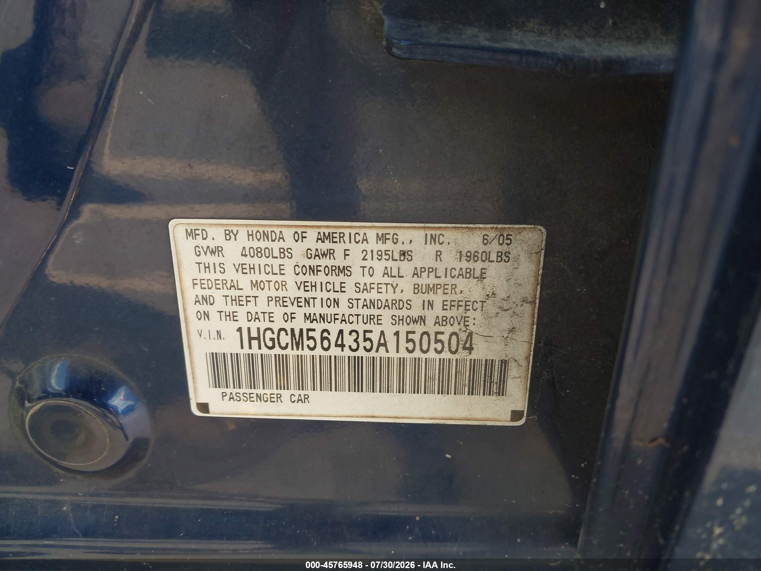2005 Honda Accord 2.4 Lx Blue vin: 1HGCM56435A150504