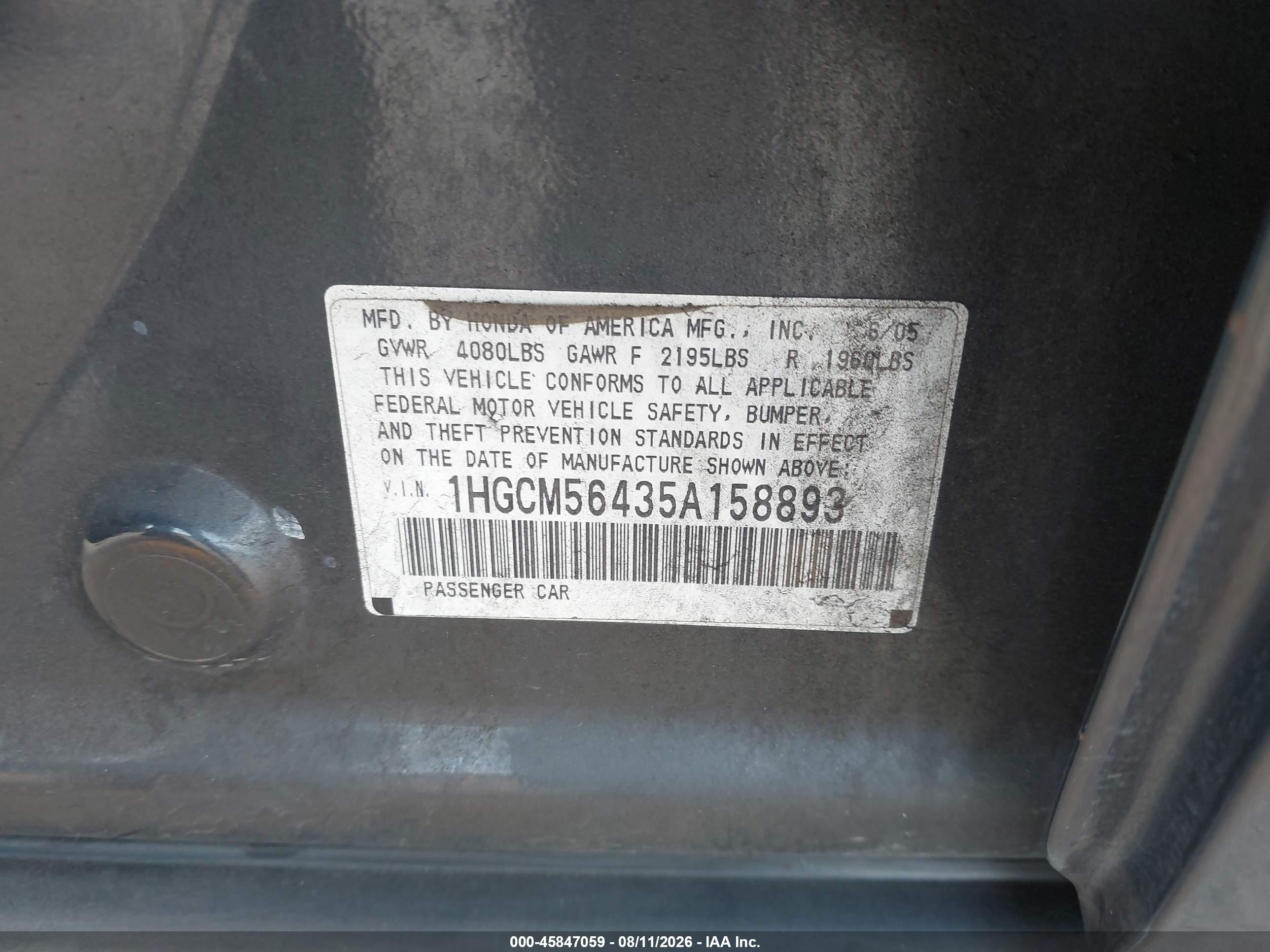 2005 Honda Accord 2.4 Lx Gray vin: 1HGCM56435A158893