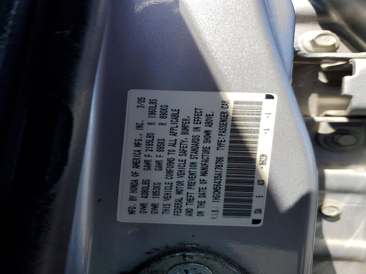 2005 Honda Accord Ex-l-v6 Серебряный vin: 1HGCM56435A178786