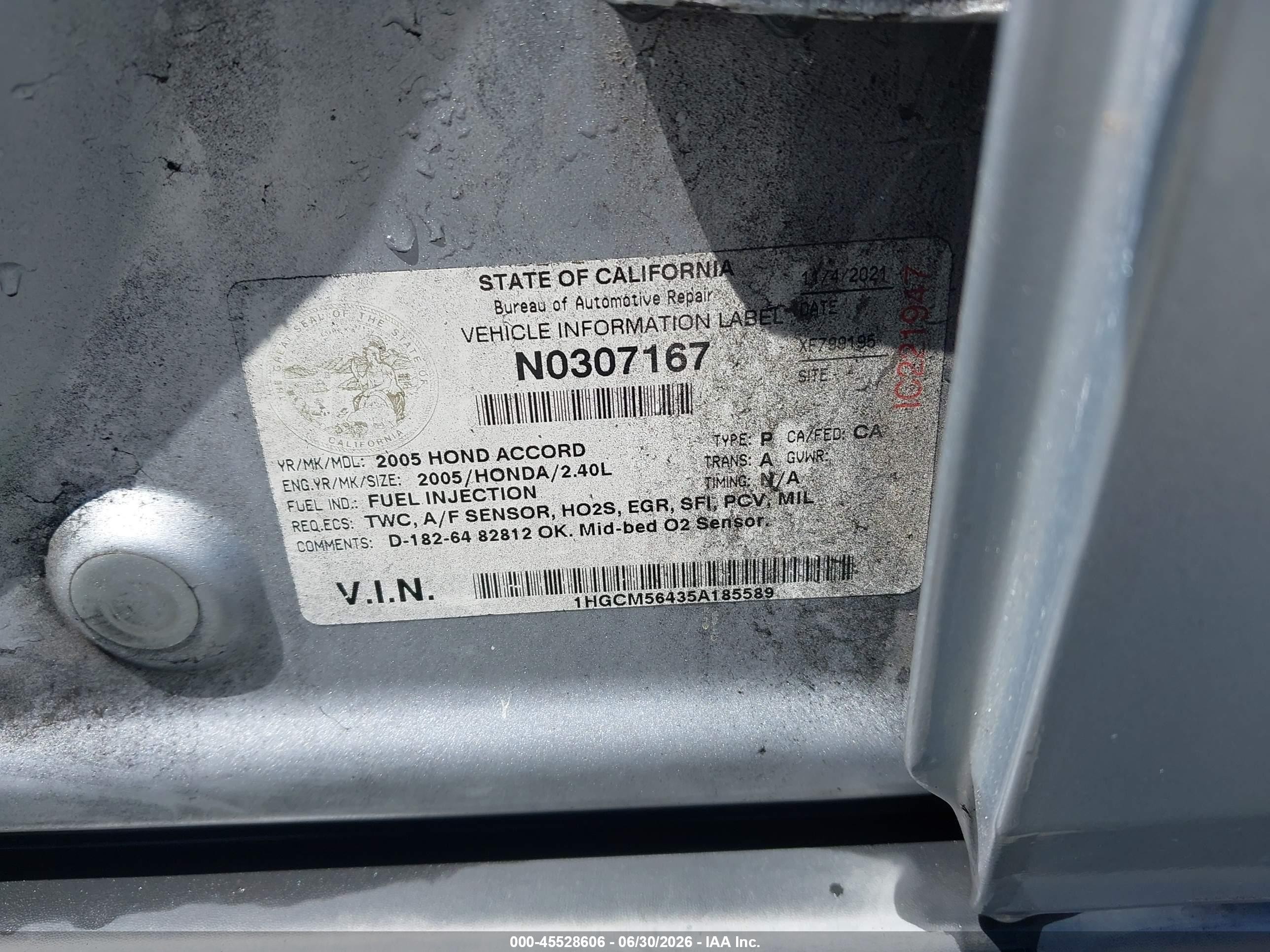 2005 Honda Accord 2.4 Lx Silver vin: 1HGCM56435A185589