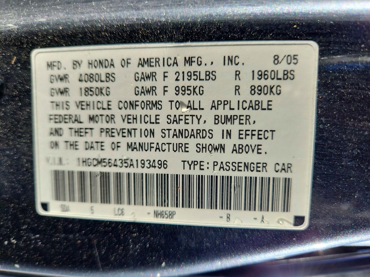 2005 Honda Accord Lx Blue vin: 1HGCM56435A193496