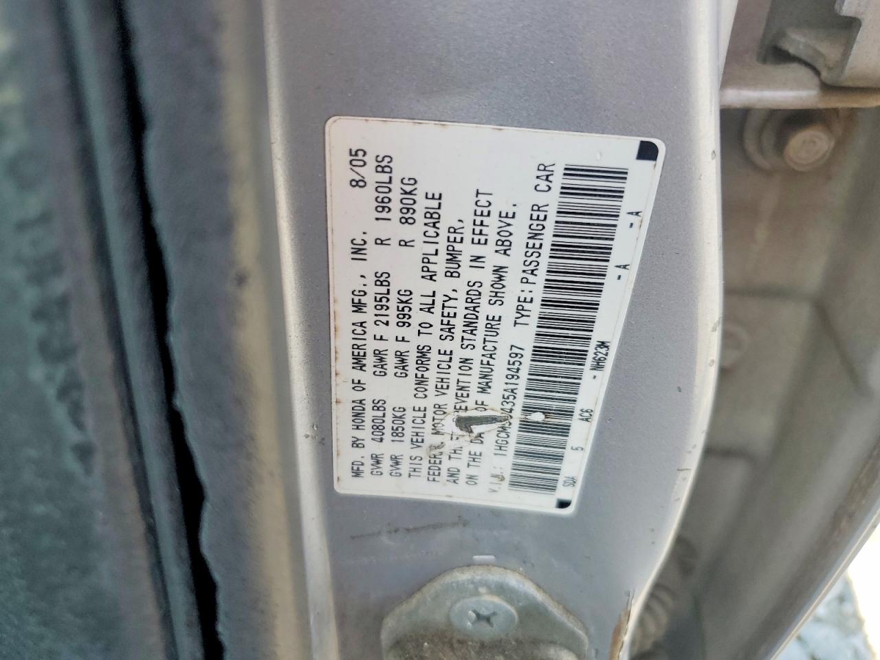 2005 Honda Accord Lx Silver vin: 1HGCM56435A194597