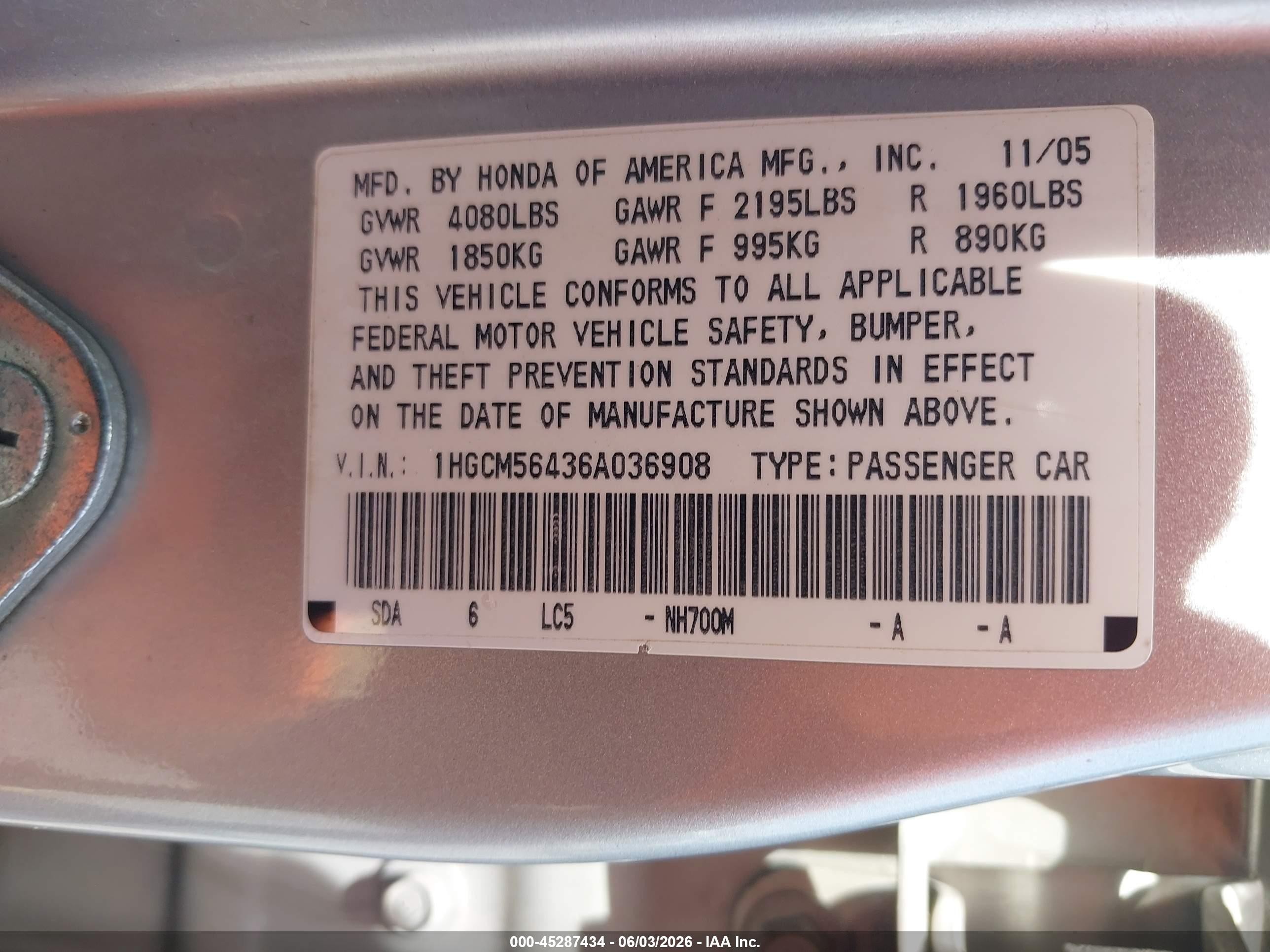 2006 Honda Accord 2.4 Lx Серый vin: 1HGCM56436A036908