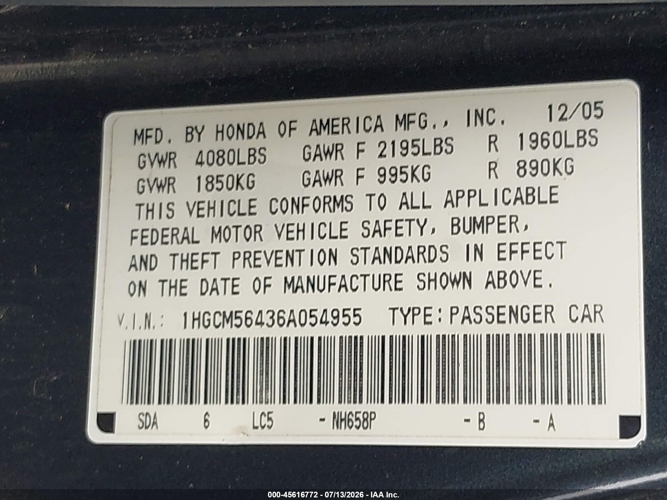 2006 Honda Accord 2.4 Lx Navy vin: 1HGCM56436A054955