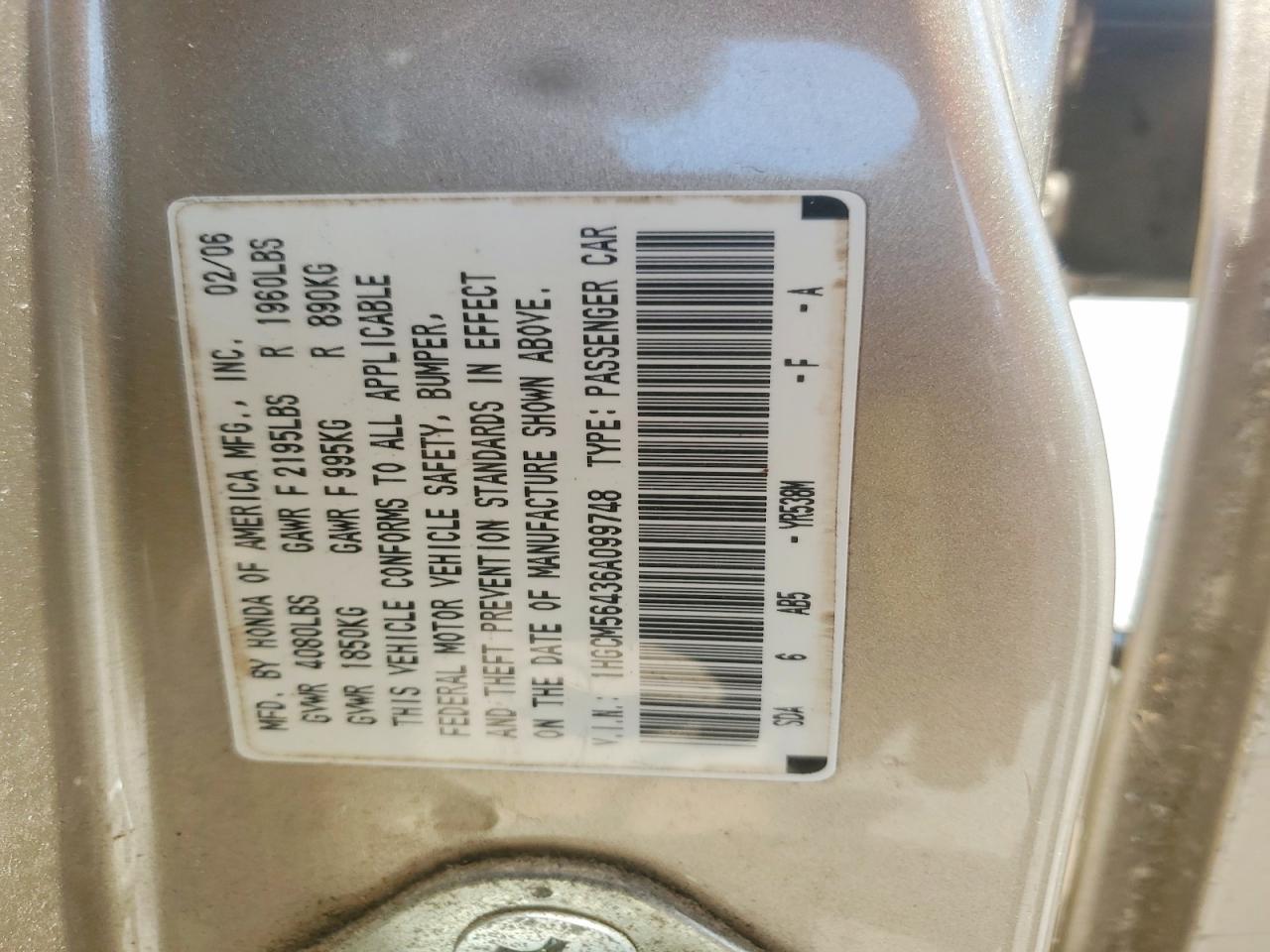 2006 Honda Accord Lx Beige vin: 1HGCM56436A099748