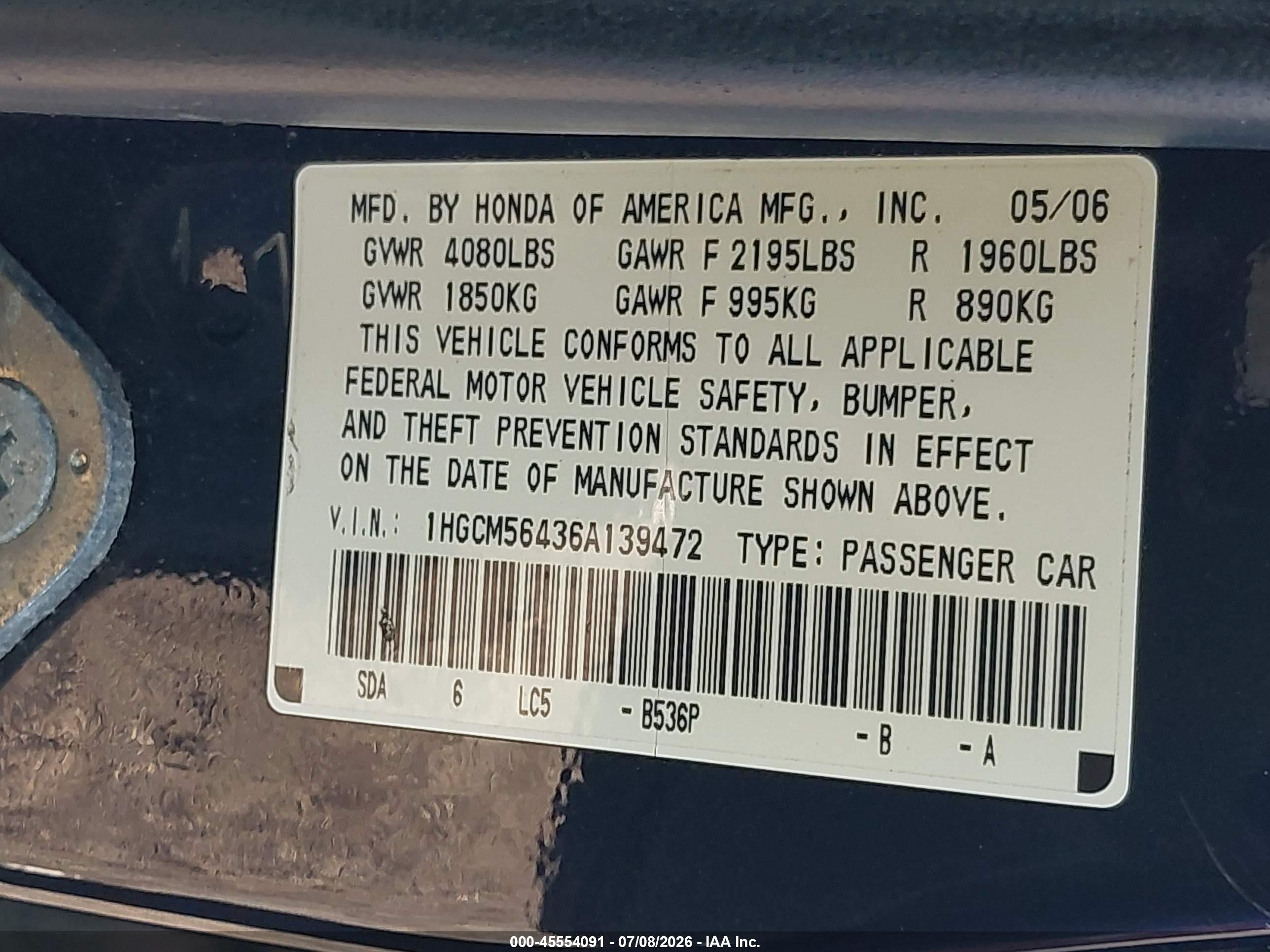 2006 Honda Accord 2.4 Lx Blue vin: 1HGCM56436A139472