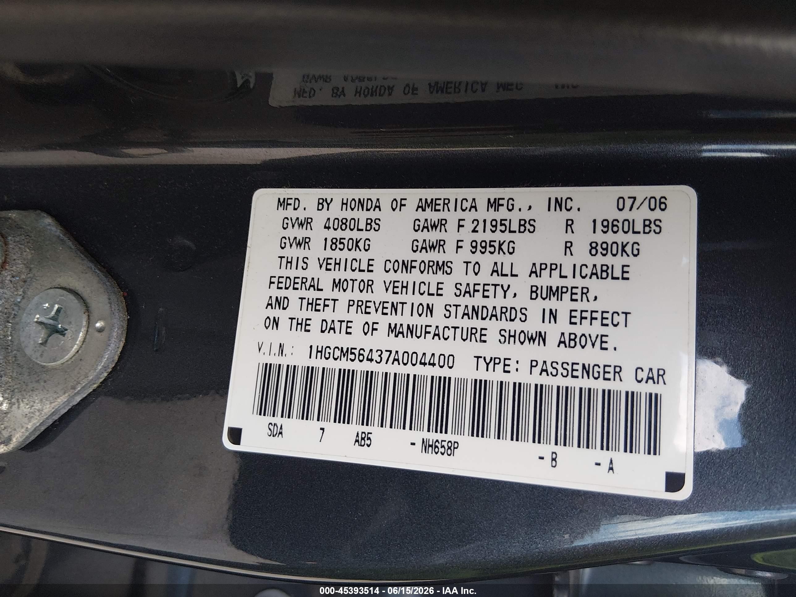 2007 Honda Accord 2.4 Lx Gray vin: 1HGCM56437A004400