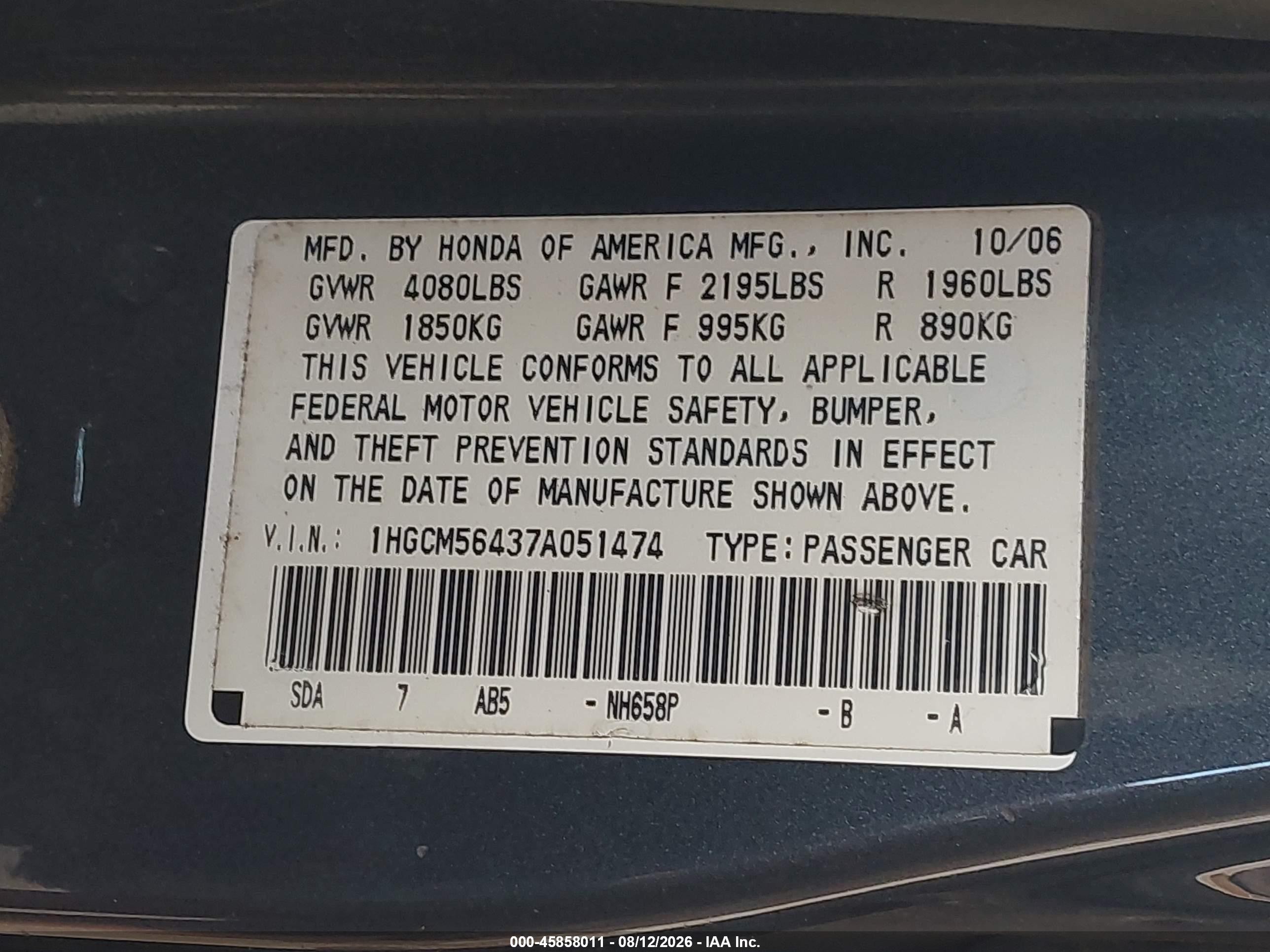 2007 Honda Accord 2.4 Lx Gray vin: 1HGCM56437A051474