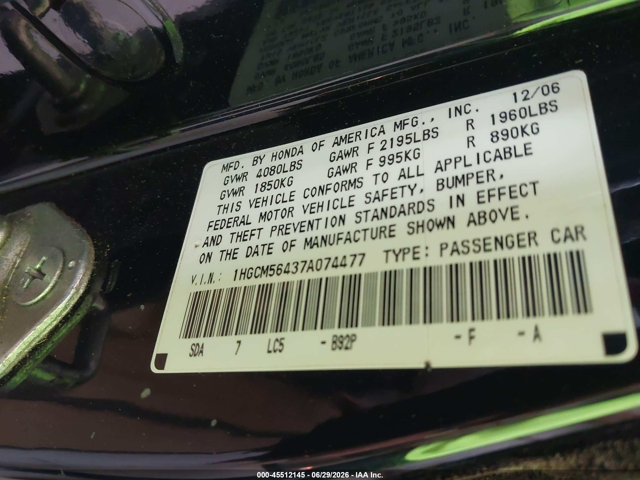 2007 Honda Accord 2.4 Lx Black vin: 1HGCM56437A074477