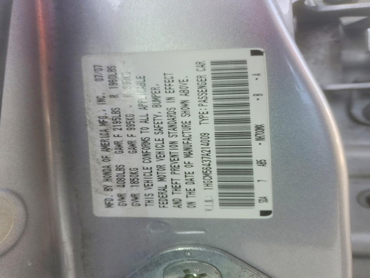 2007 Honda Accord Lx Silver vin: 1HGCM56437A214009