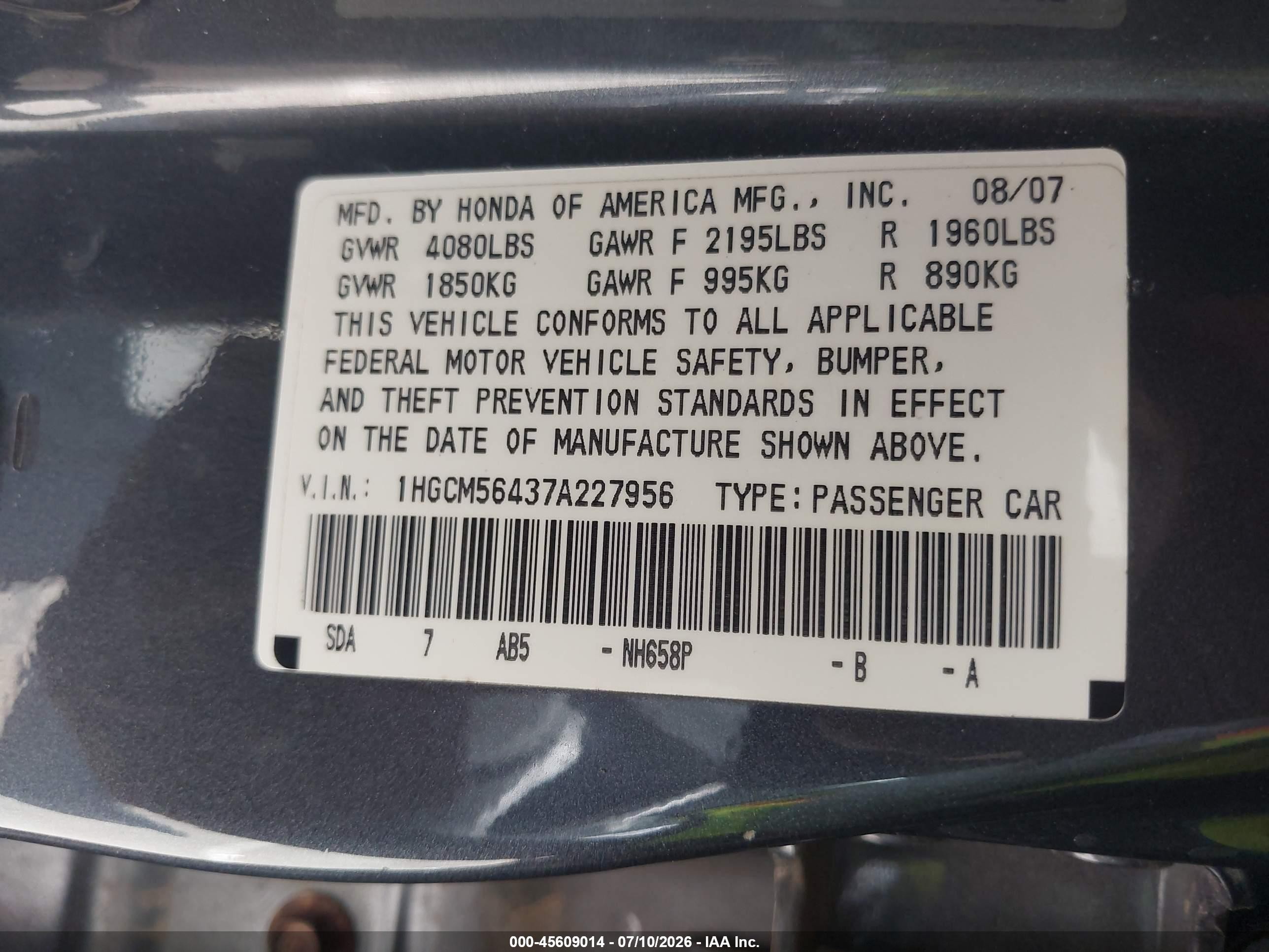 2007 Honda Accord 2.4 Lx Синий vin: 1HGCM56437A227956