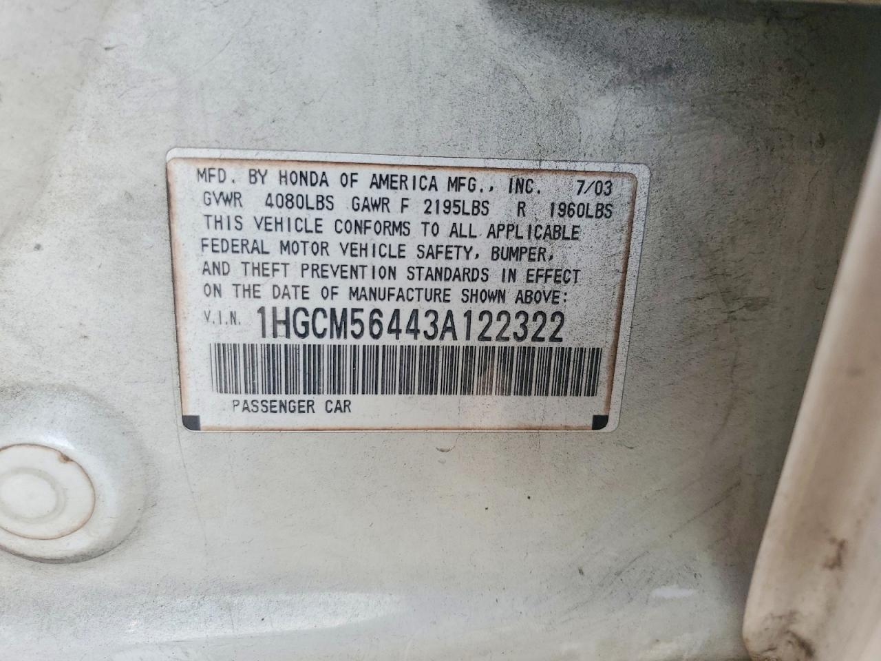 2003 Honda Accord Lx Белый vin: 1HGCM56443A122322