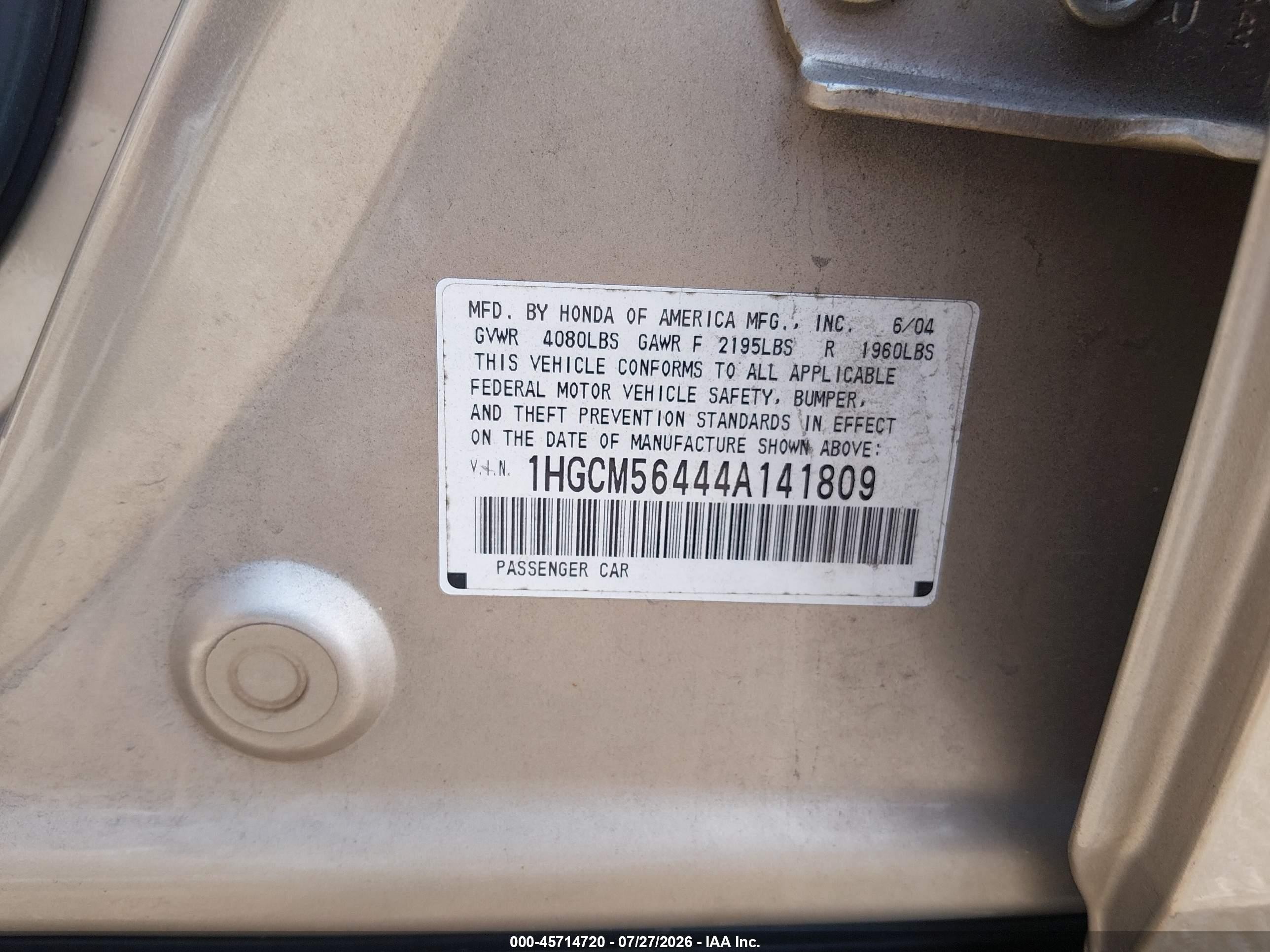 2004 Honda Accord 2.4 Lx Желто-коричневый vin: 1HGCM56444A141809