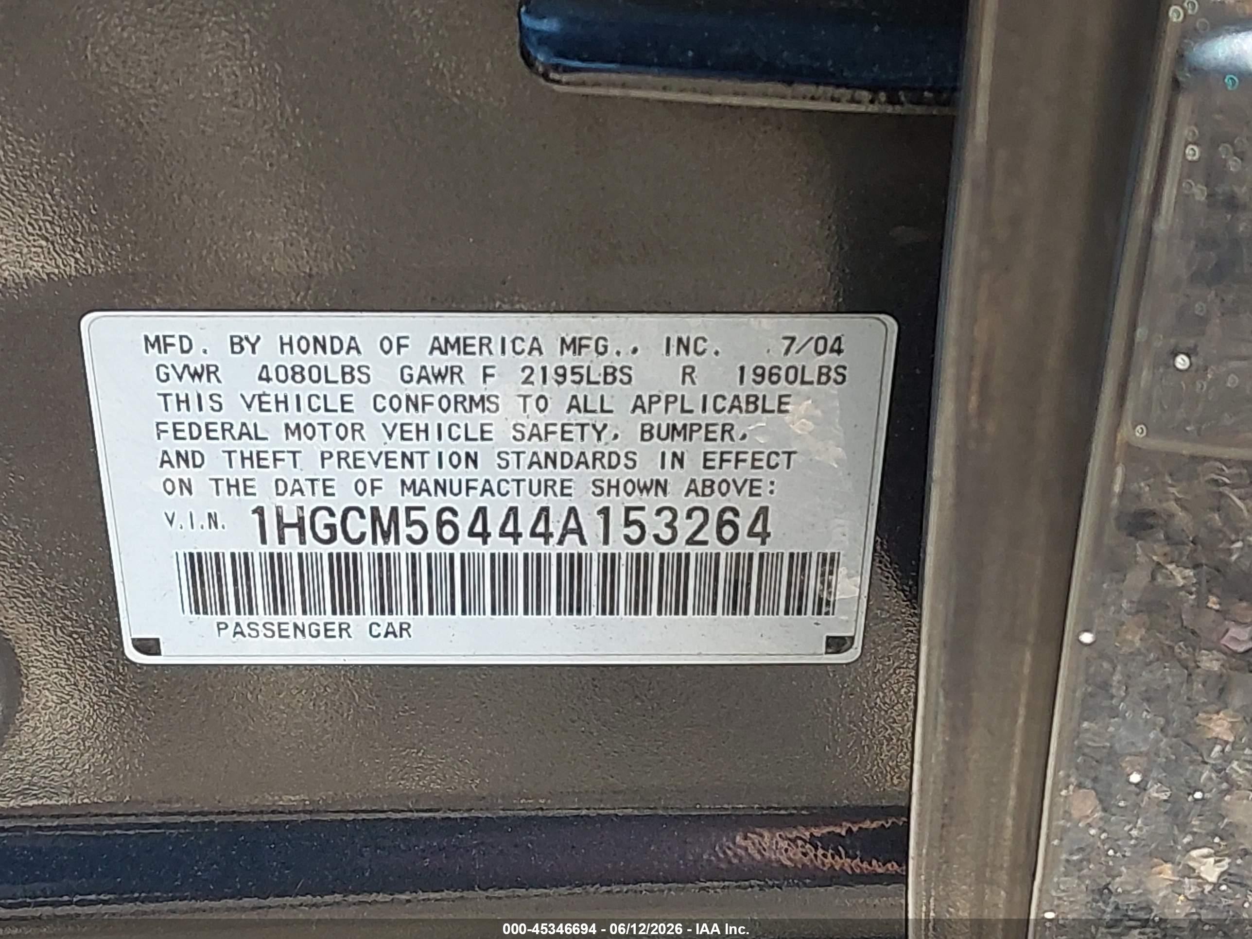 2004 Honda Accord 2.4 Lx Gray vin: 1HGCM56444A153264