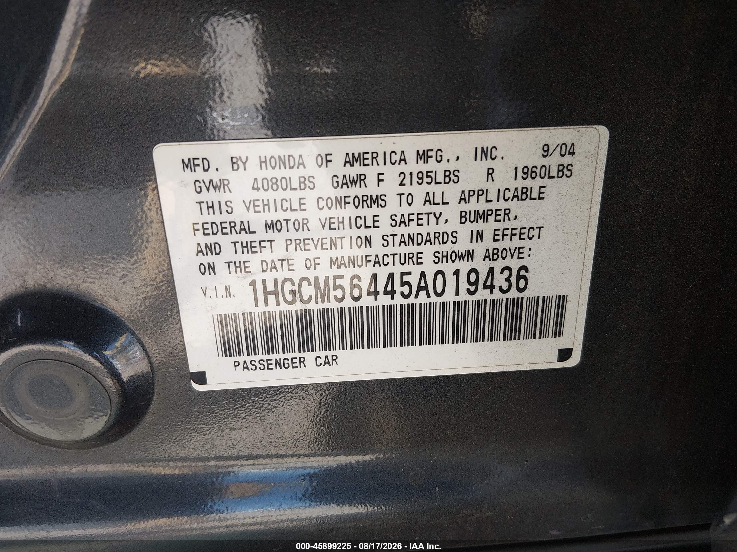 2005 Honda Accord 2.4 Lx Gray vin: 1HGCM56445A019436