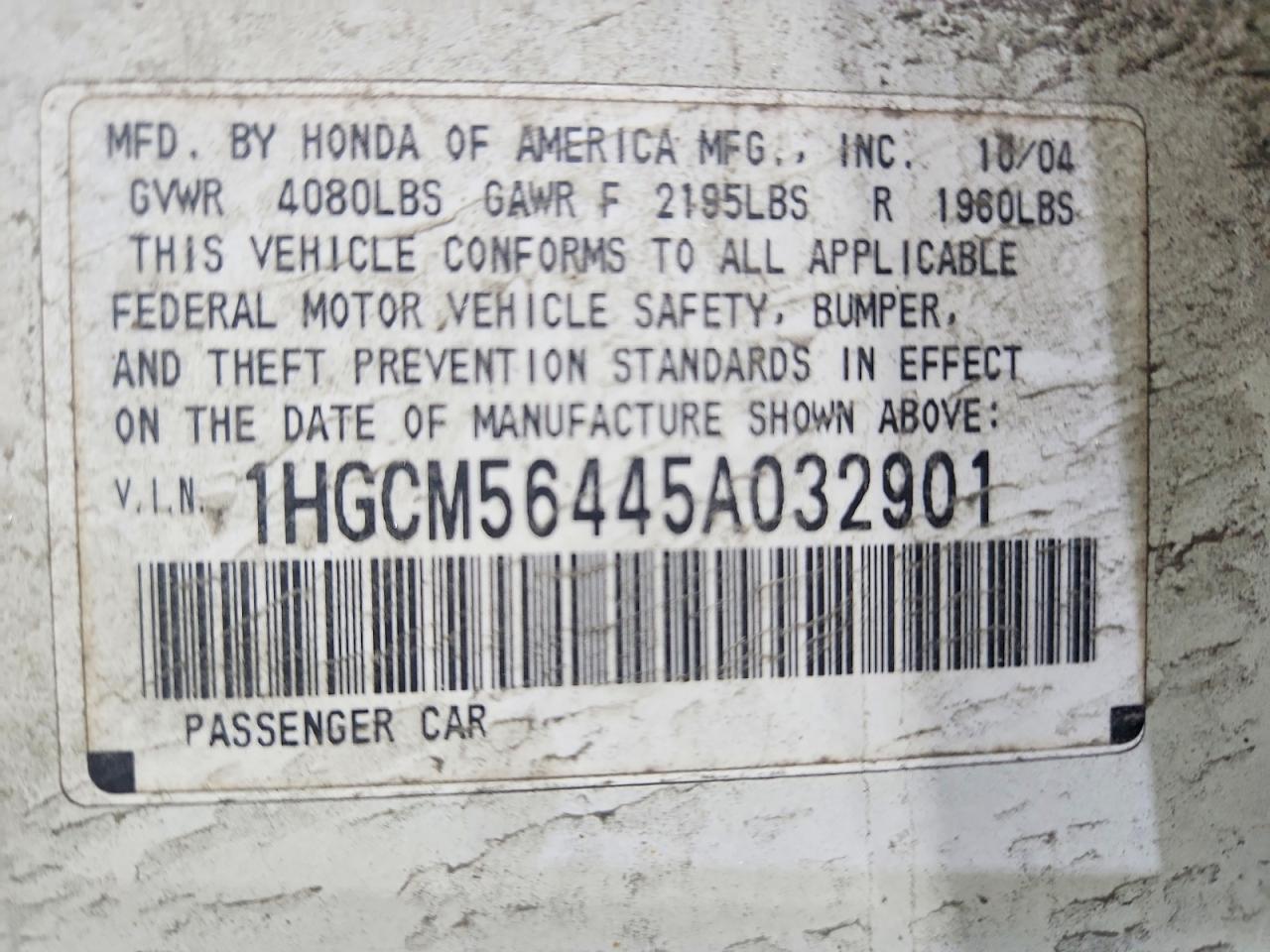 2005 Honda Accord Lx White vin: 1HGCM56445A032901