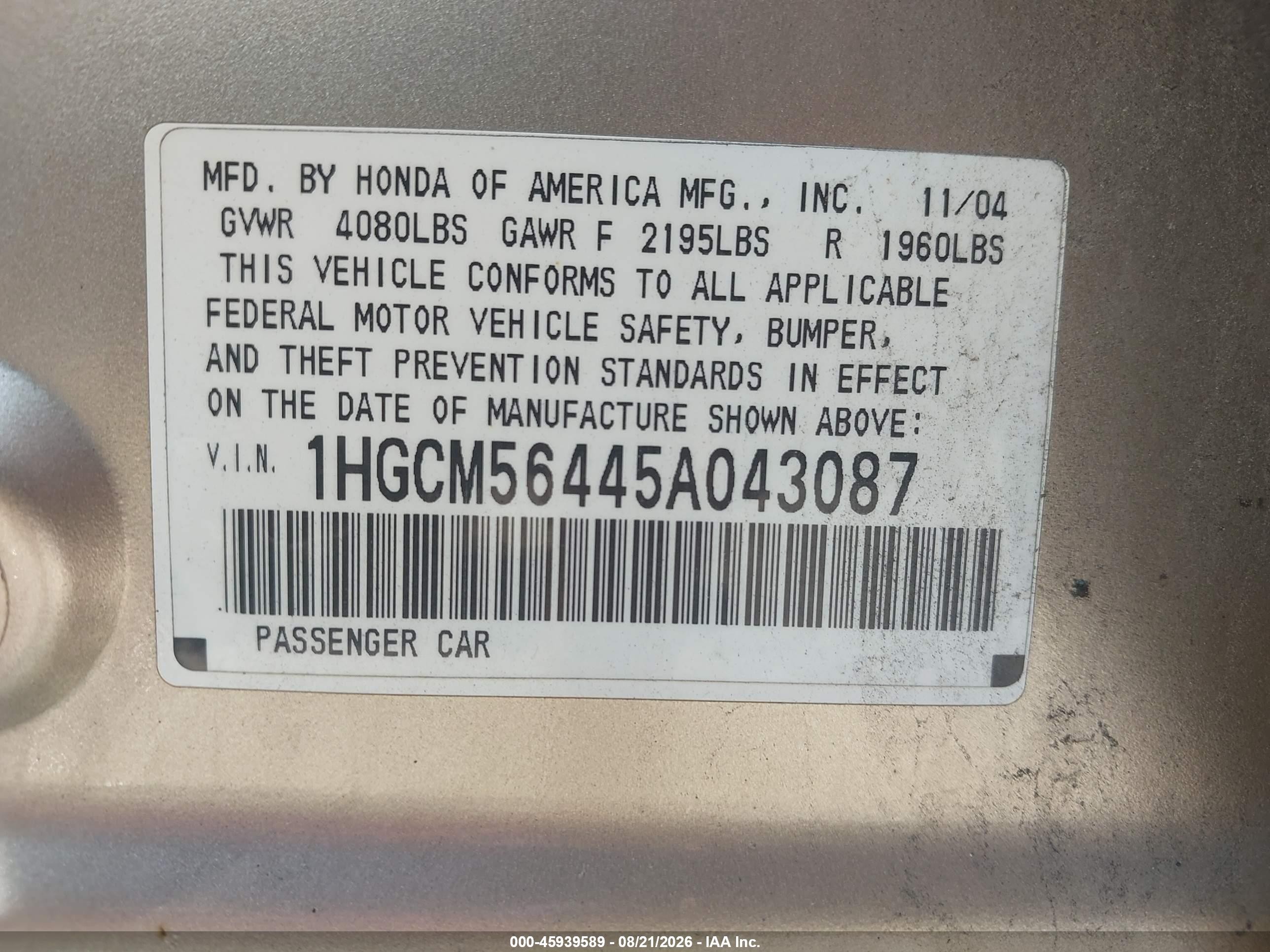 2005 Honda Accord 2.4 Lx Beige vin: 1HGCM56445A043087