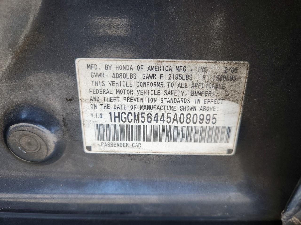 2005 Honda Accord Lx Blue vin: 1HGCM56445A080995