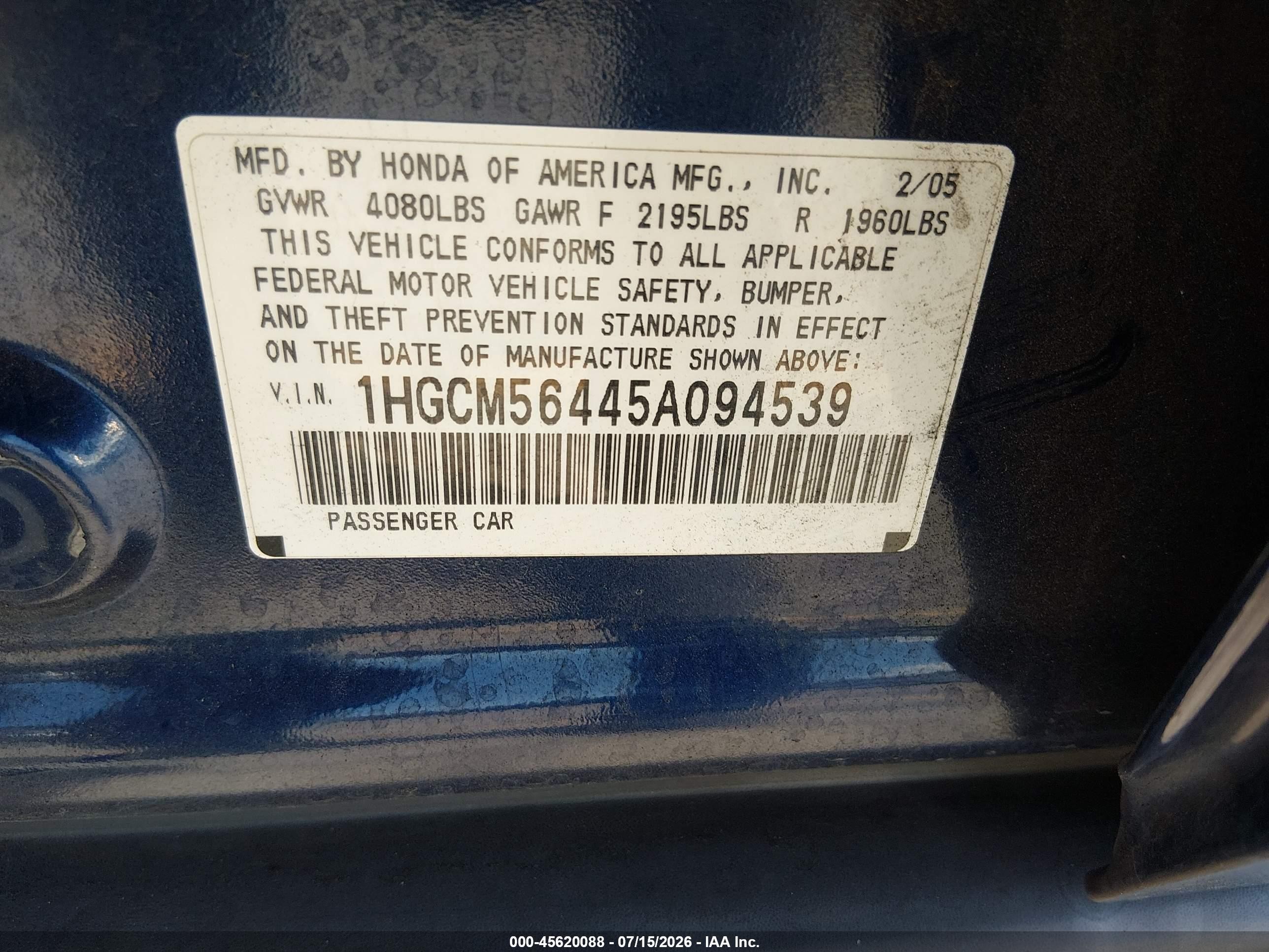 2005 Honda Accord 2.4 Lx Синий vin: 1HGCM56445A094539
