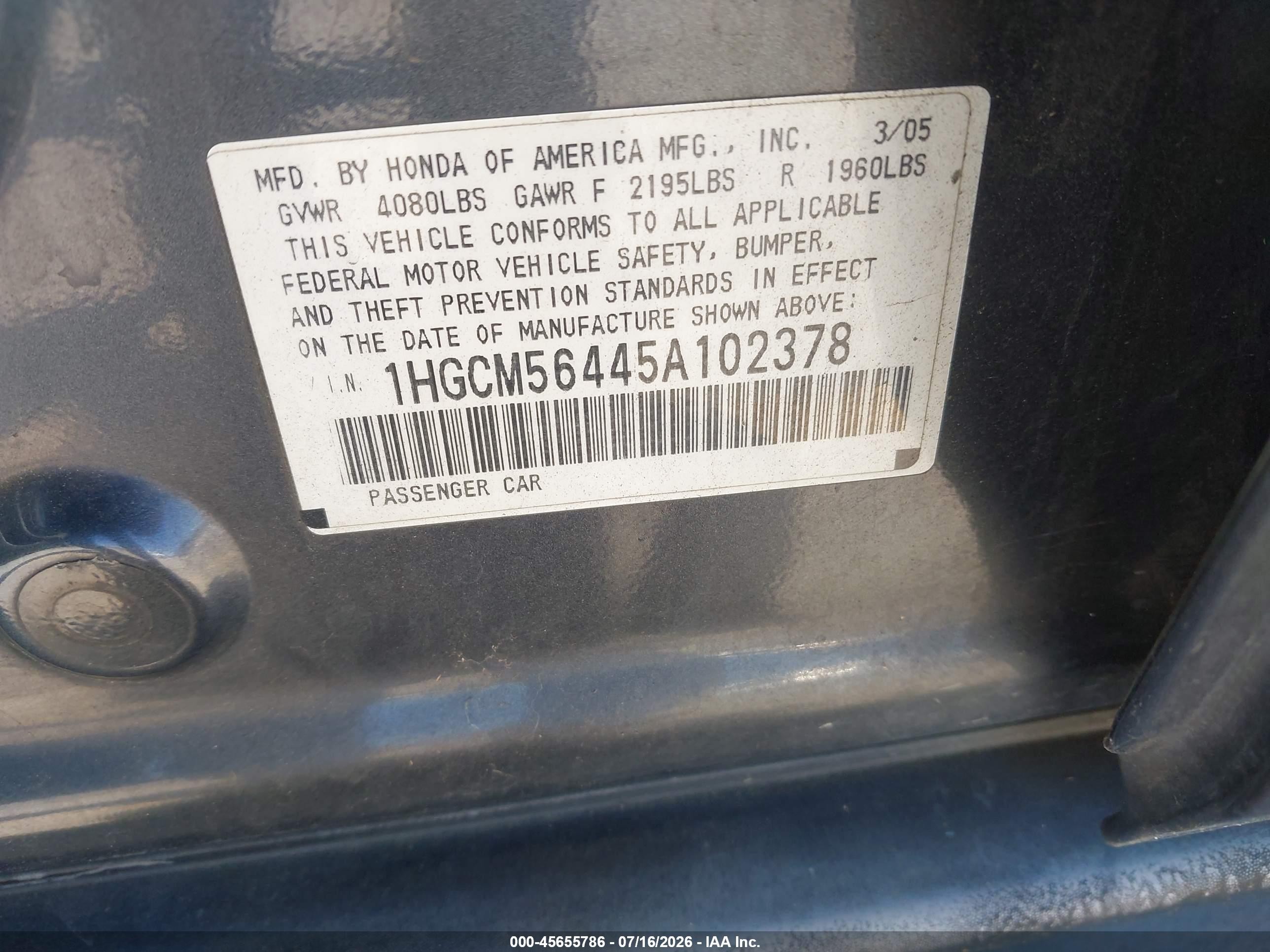 2005 Honda Accord 2.4 Lx Gray vin: 1HGCM56445A102378