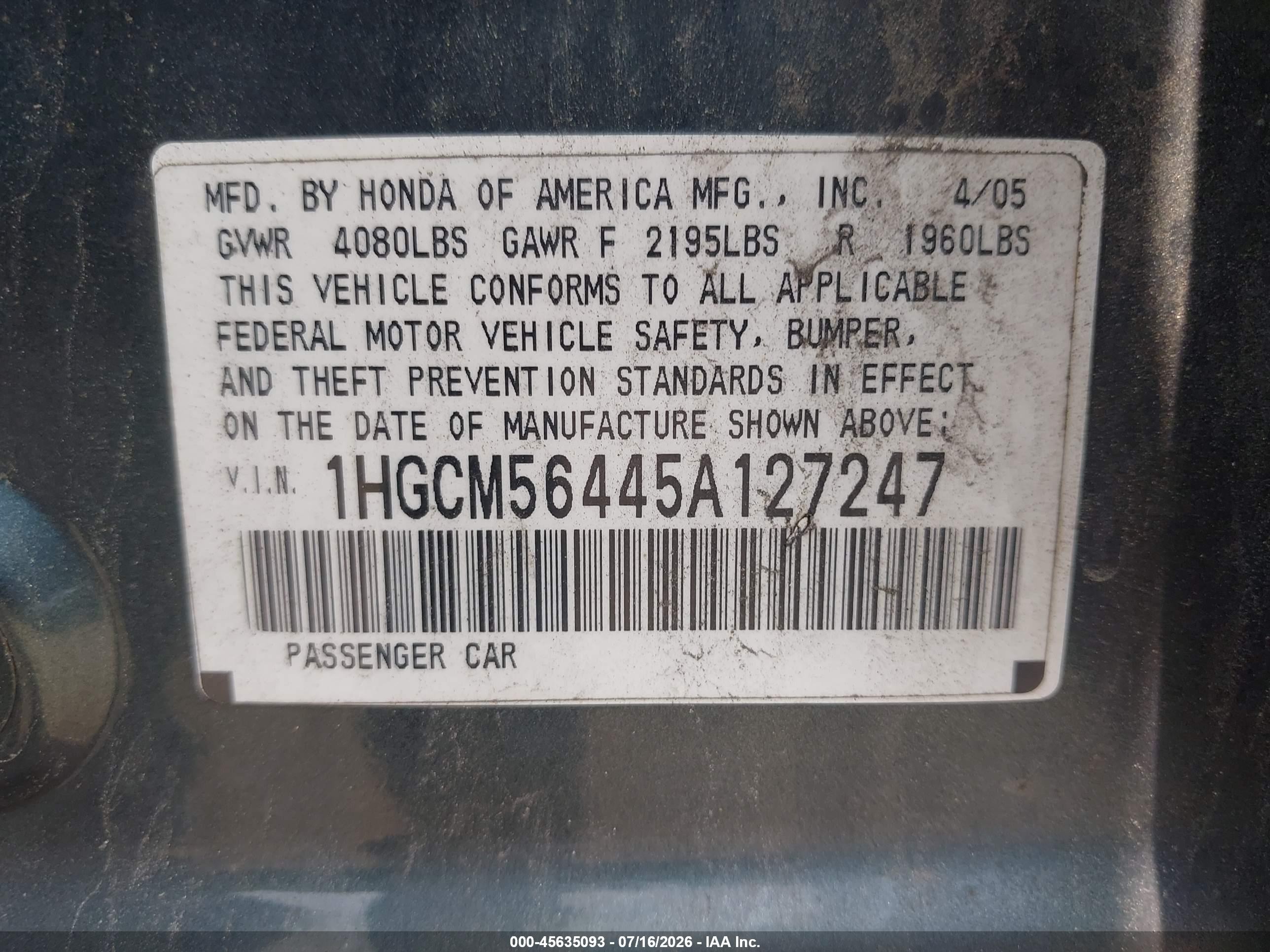 2005 Honda Accord 2.4 Lx Gray vin: 1HGCM56445A127247