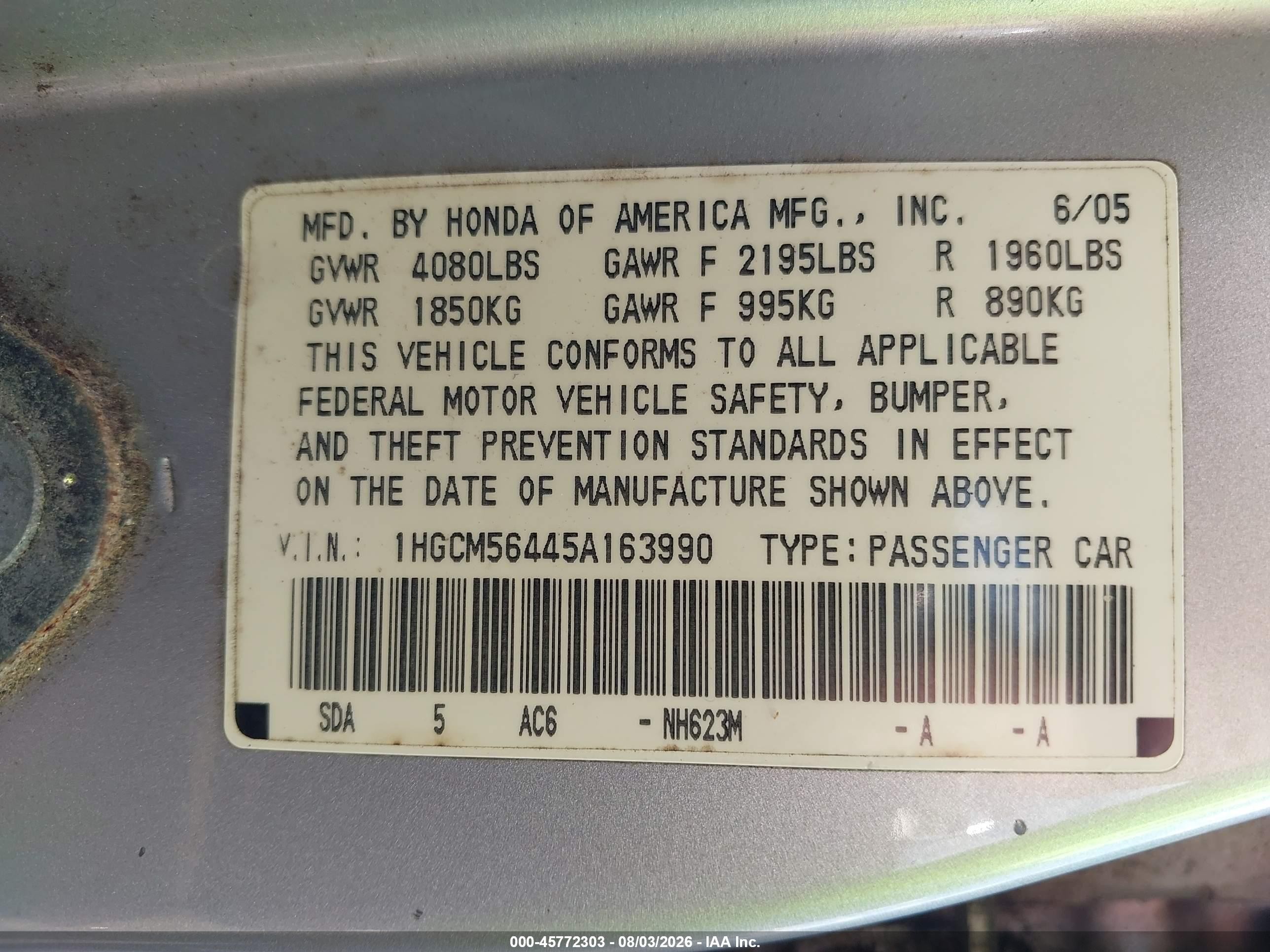 2005 Honda Accord 2.4 Lx Silver vin: 1HGCM56445A163990