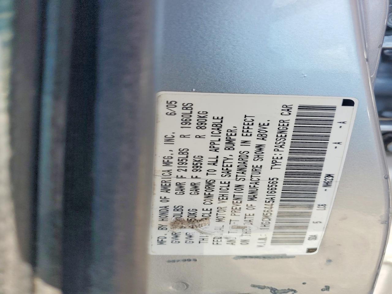 2005 Honda Accord Lx Серый vin: 1HGCM56445A166565