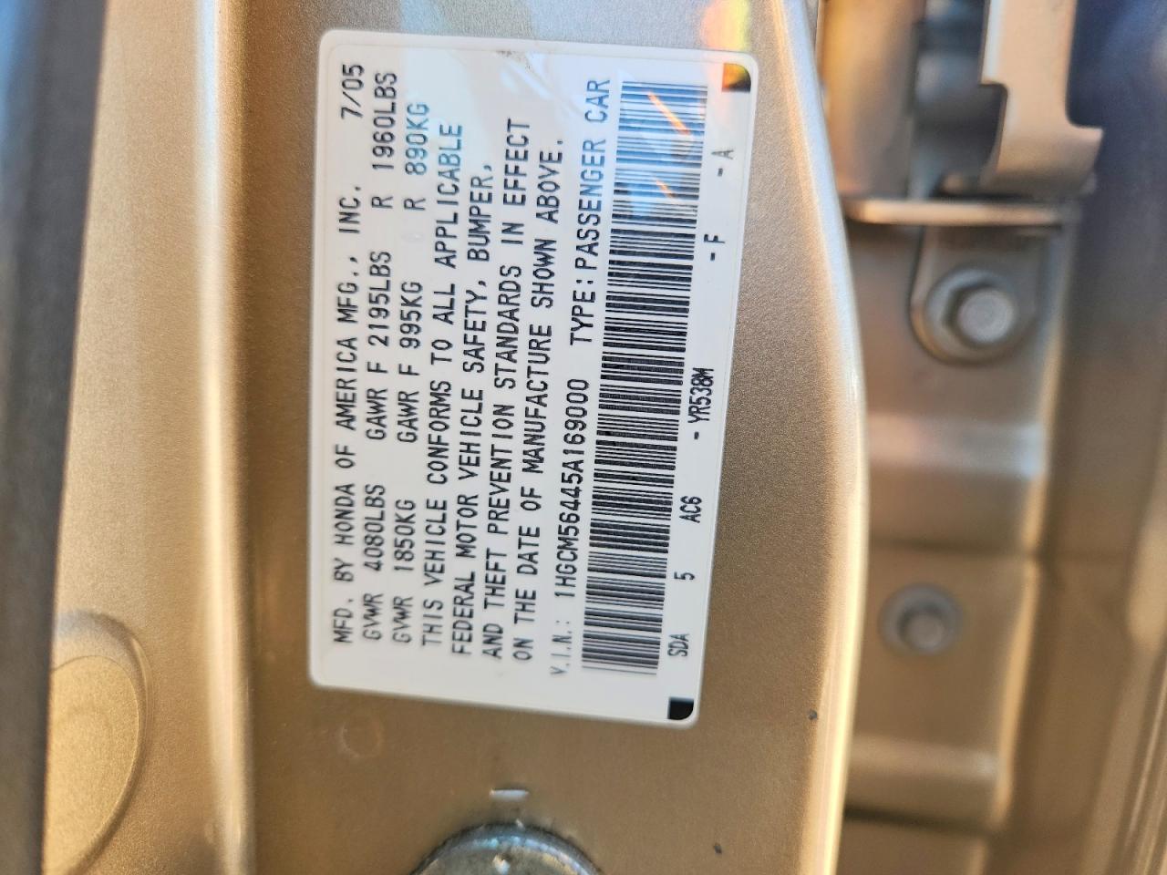 2005 Honda Accord Lx Gold vin: 1HGCM56445A169000