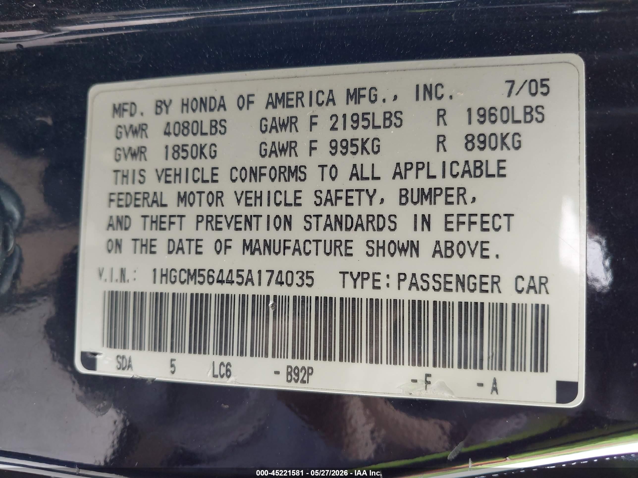 2005 Honda Accord 2.4 Lx Black vin: 1HGCM56445A174035