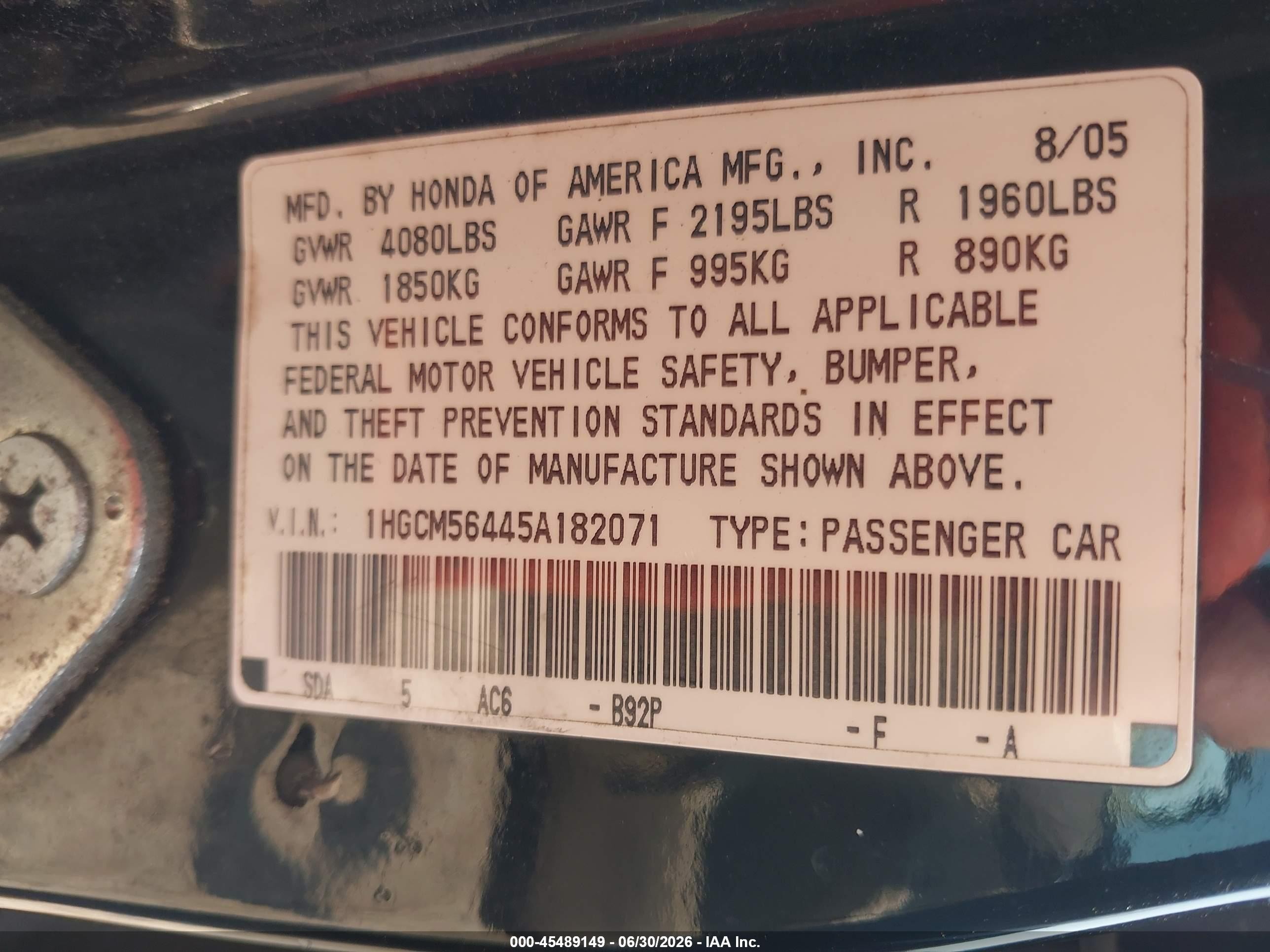2005 Honda Accord 2.4 Lx Black vin: 1HGCM56445A182071