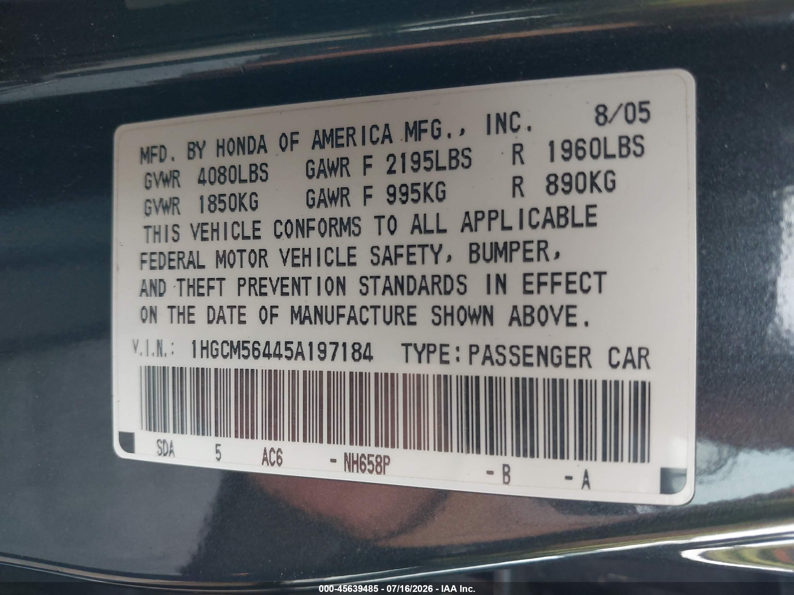 2005 Honda Accord 2.4 Lx Gray vin: 1HGCM56445A197184