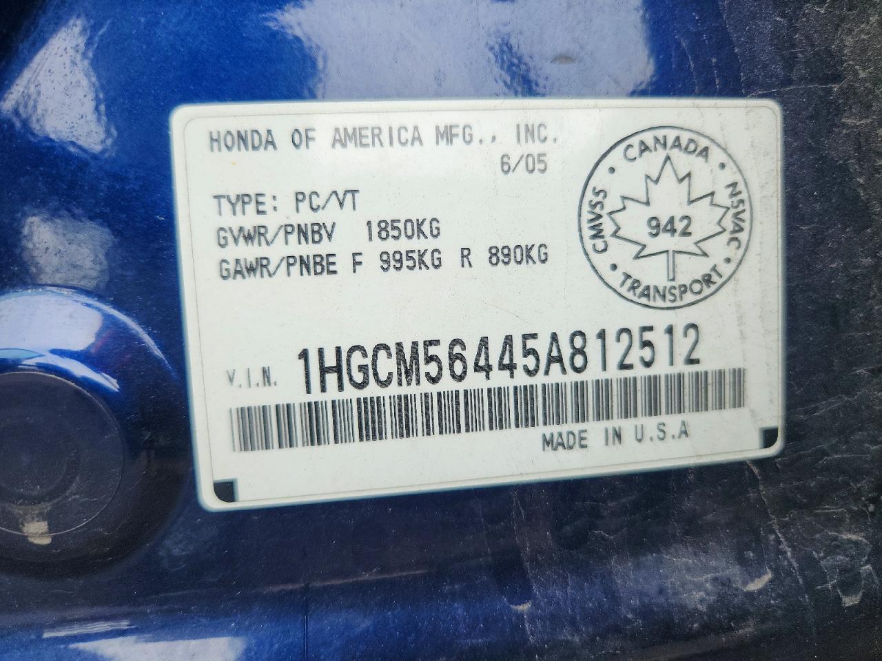 2005 Honda Accord Lx Синий vin: 1HGCM56445A812512