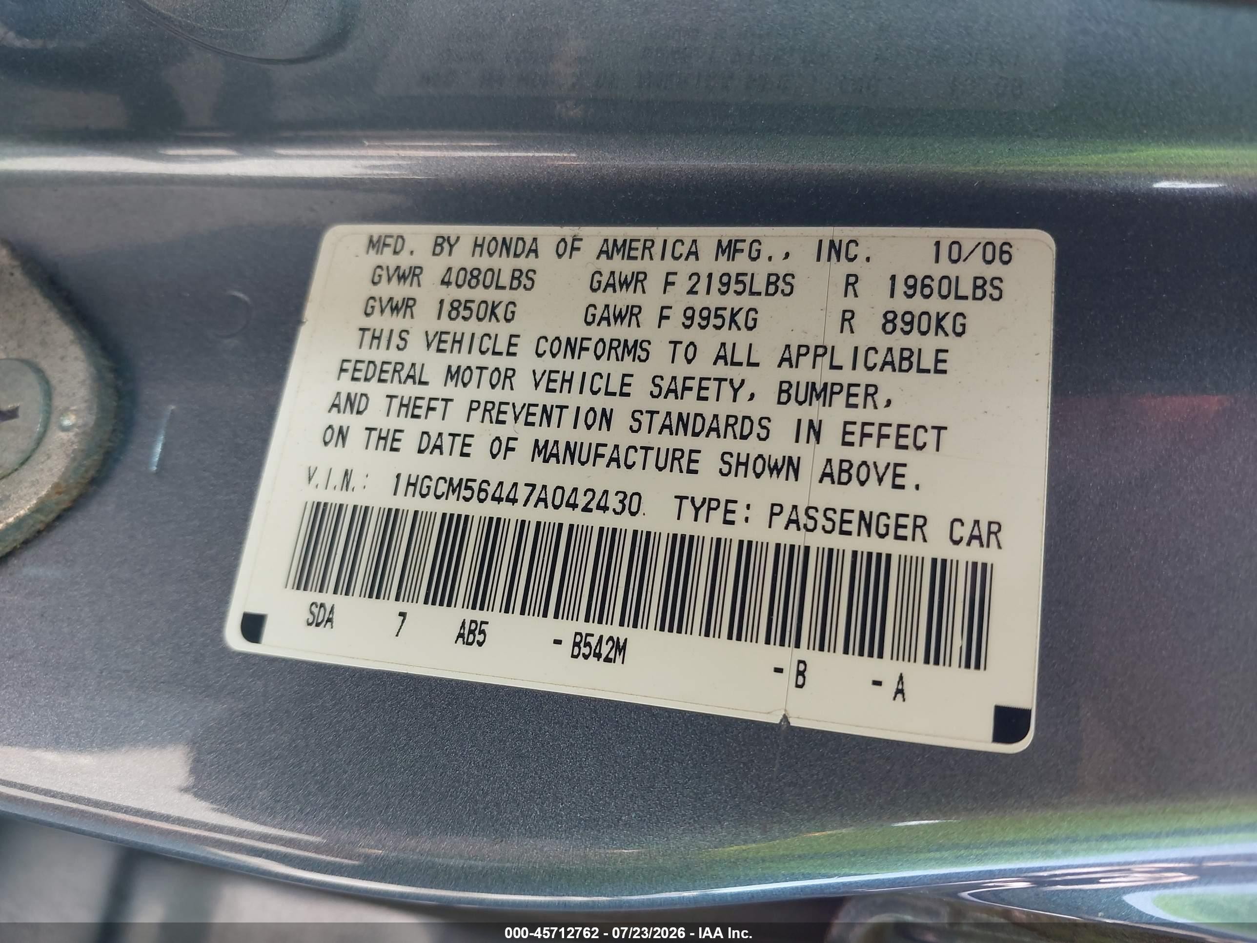 2007 Honda Accord 2.4 Lx Silver vin: 1HGCM56447A042430