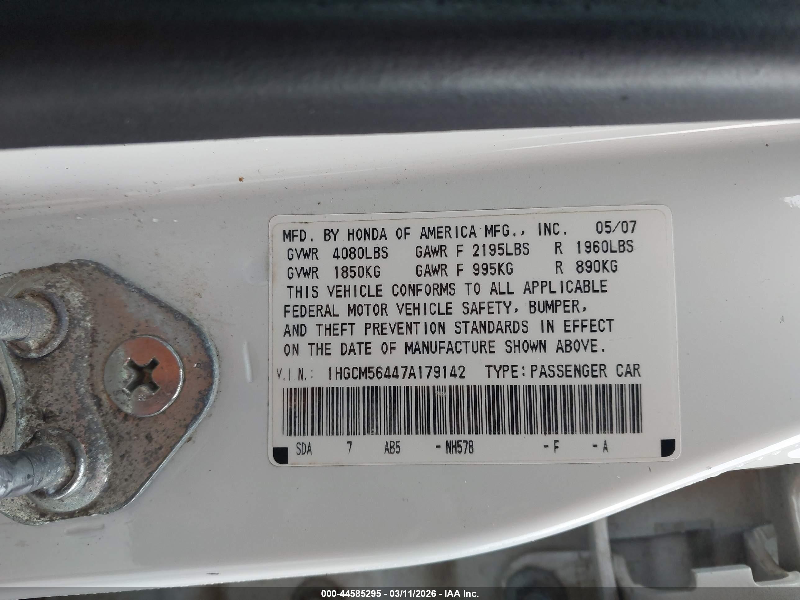 2007 Honda Accord 2.4 Lx White vin: 1HGCM56447A179142