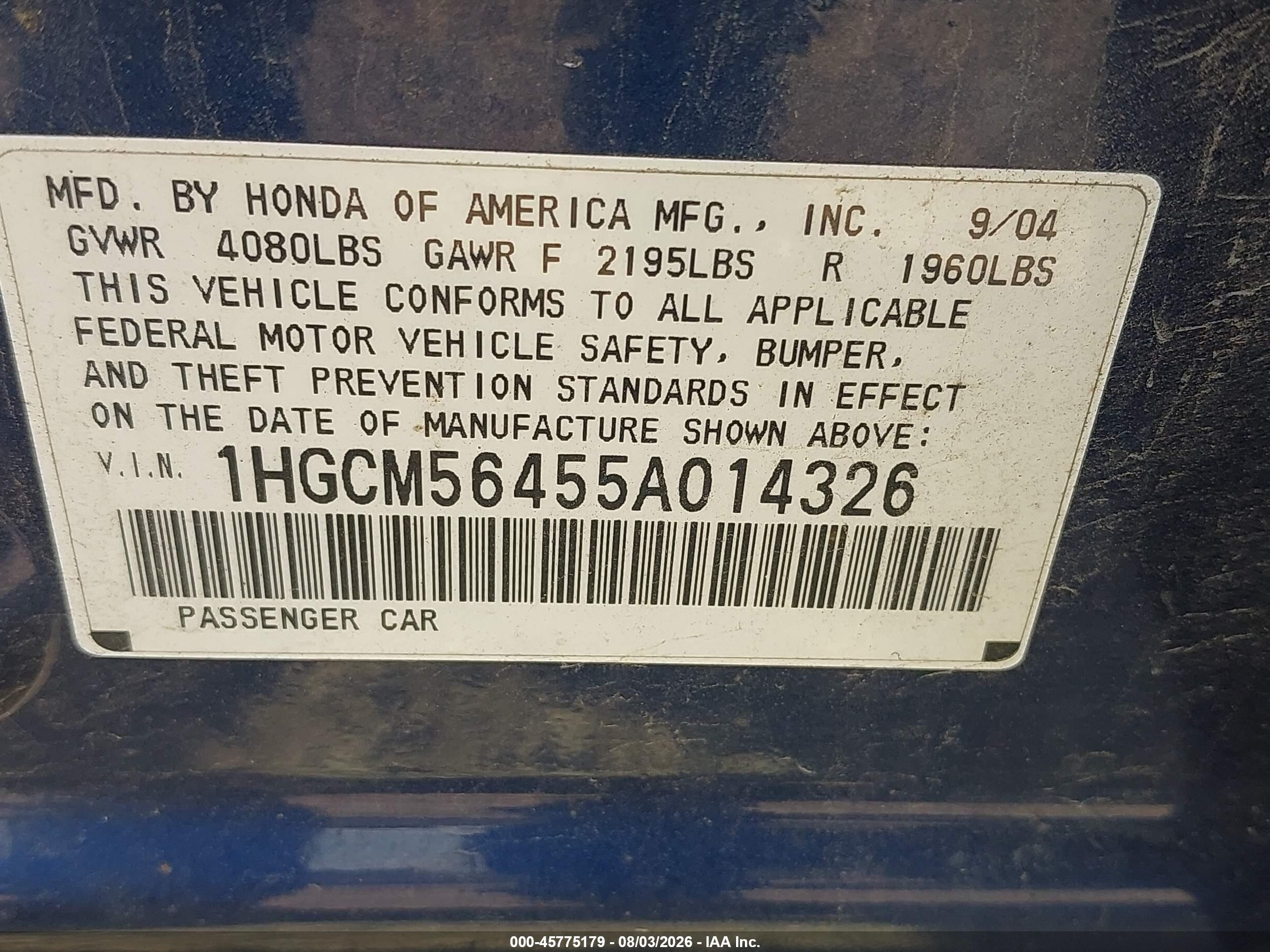 2005 Honda Accord 2.4 Lx Синий vin: 1HGCM56455A014326