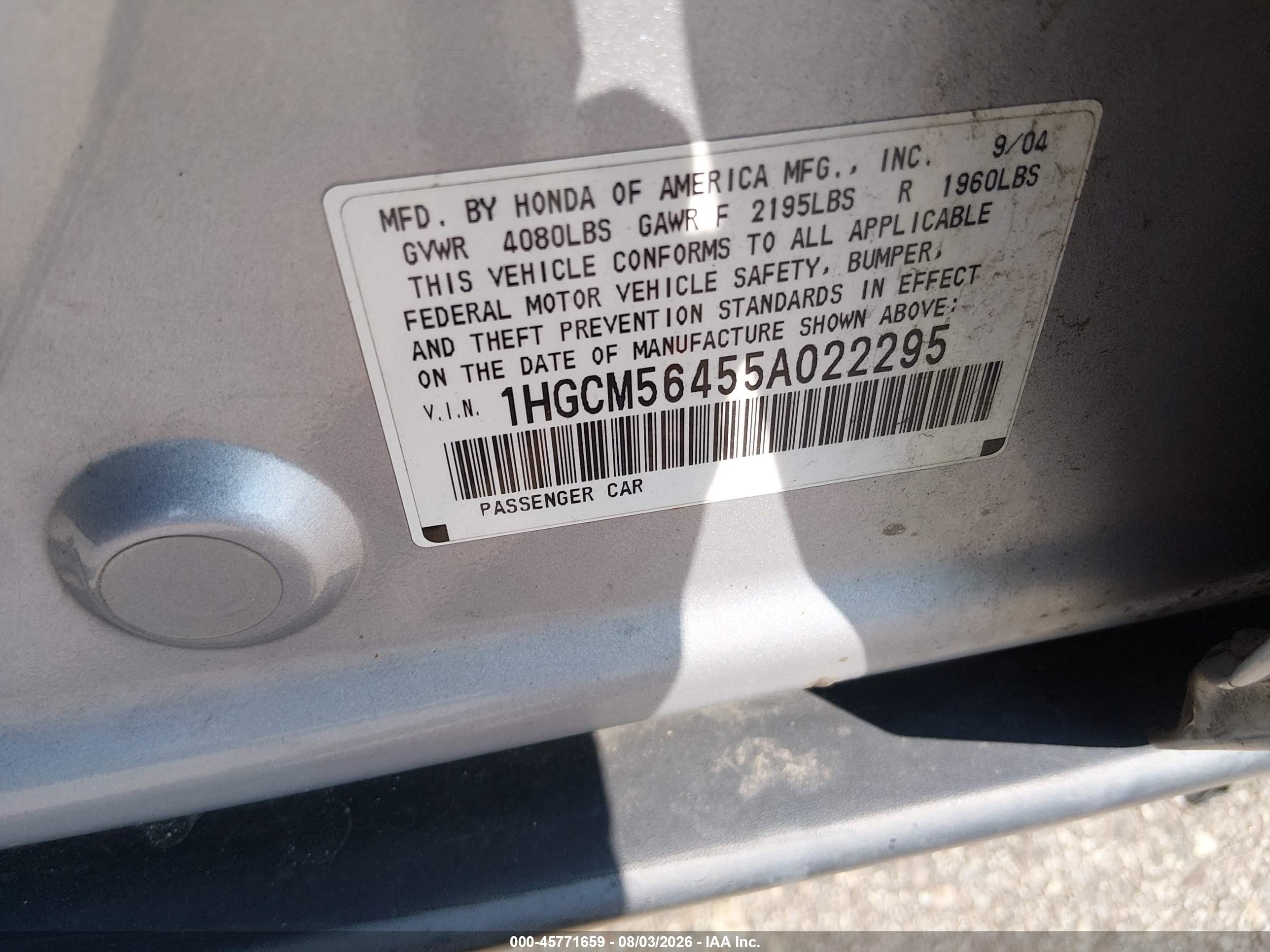2005 Honda Accord 2.4 Lx Silver vin: 1HGCM56455A022295