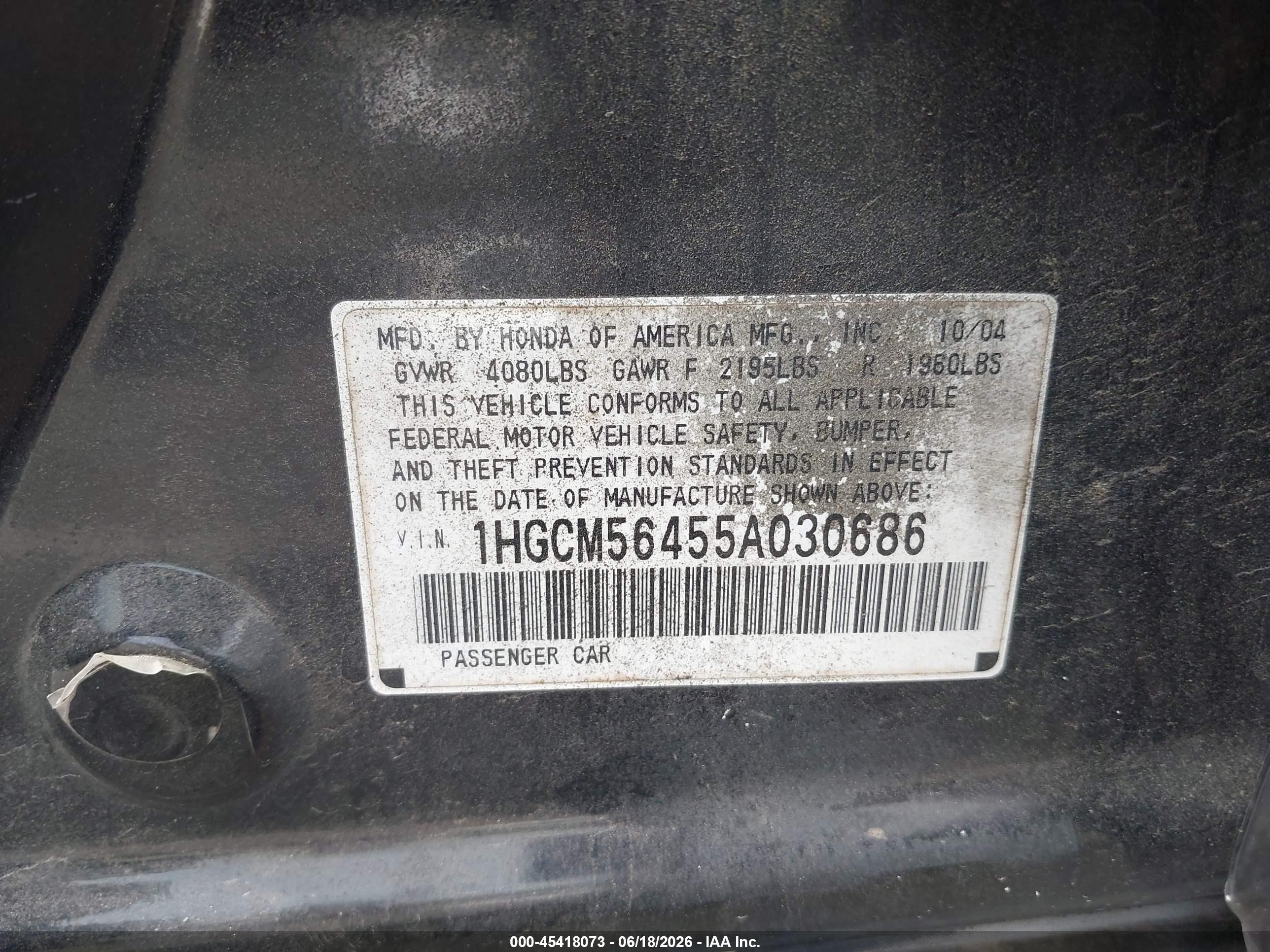 2005 Honda Accord 2.4 Lx Black vin: 1HGCM56455A030686
