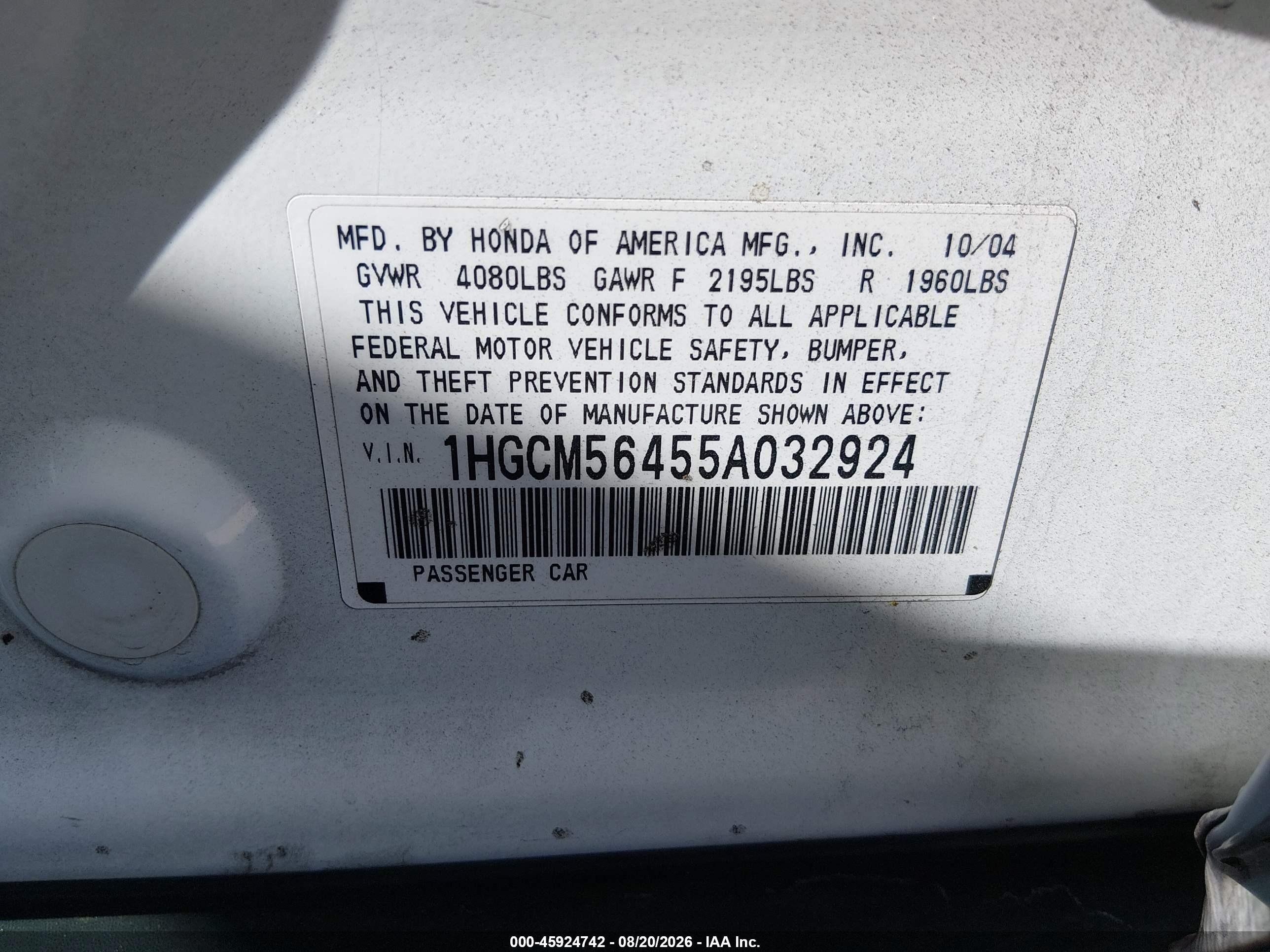 2005 Honda Accord 2.4 Lx White vin: 1HGCM56455A032924